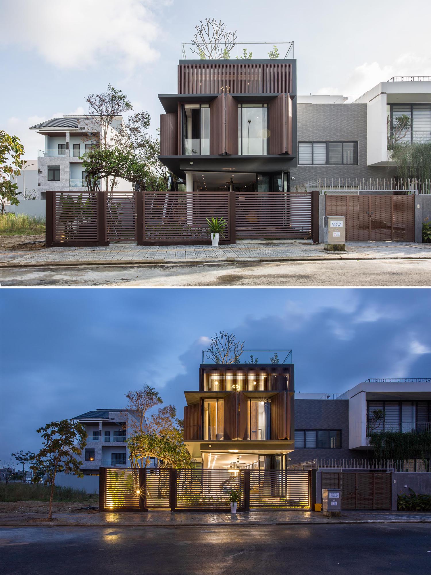 A modern eco-friendly house with wood shutters.