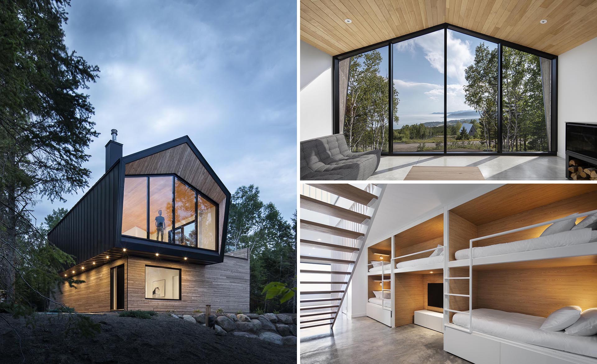 A modern home with a black metal and wood exterior.