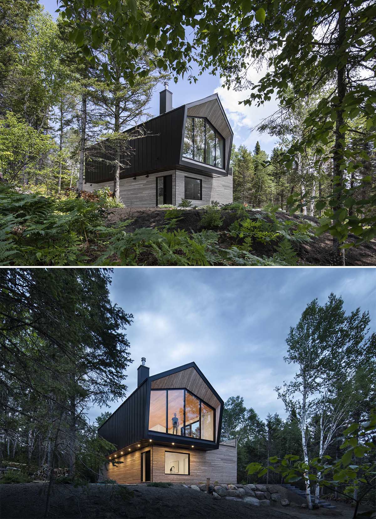 A modern home with a black metal and wood exterior.