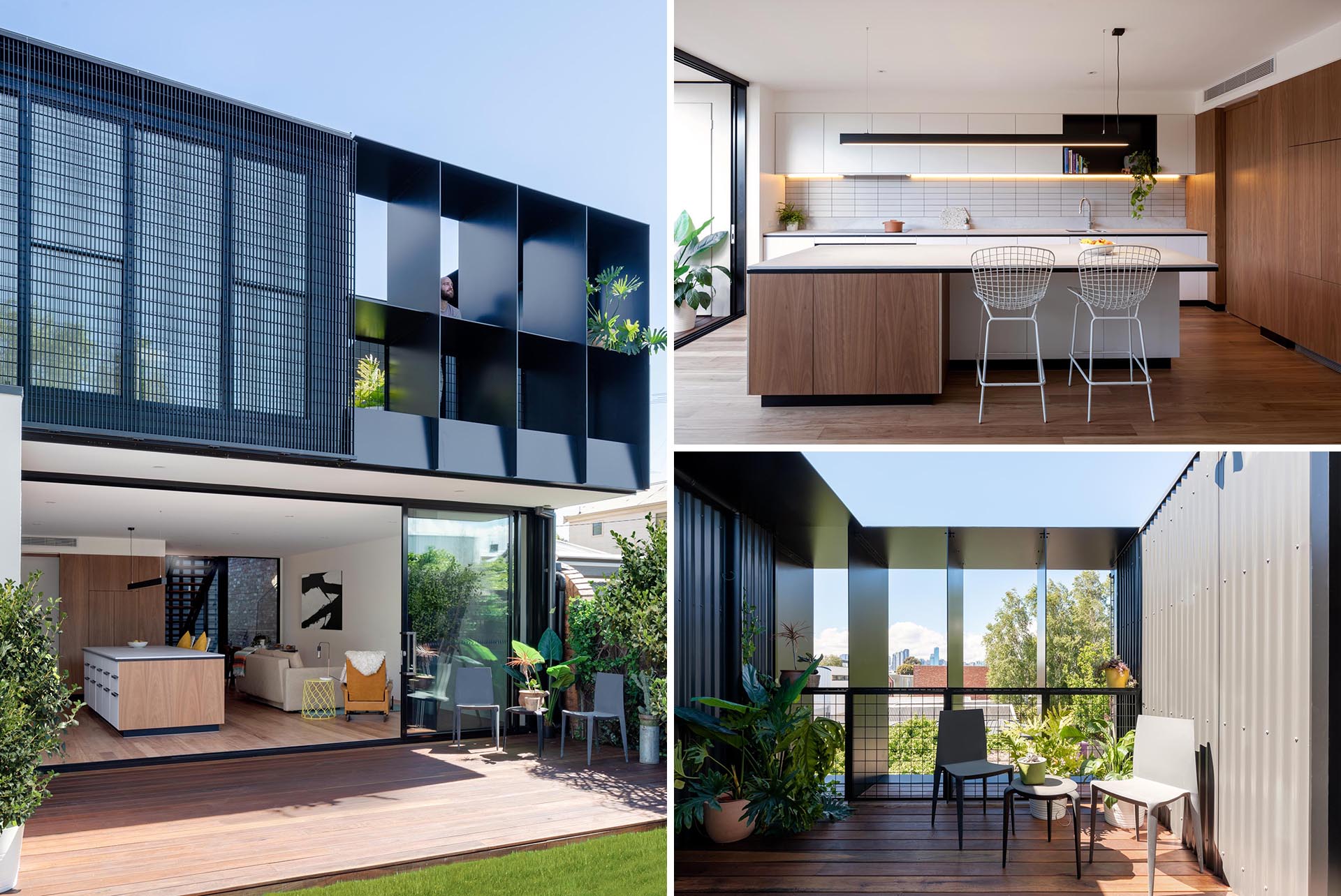 A modern dark gray metal house extension with a modern interior.