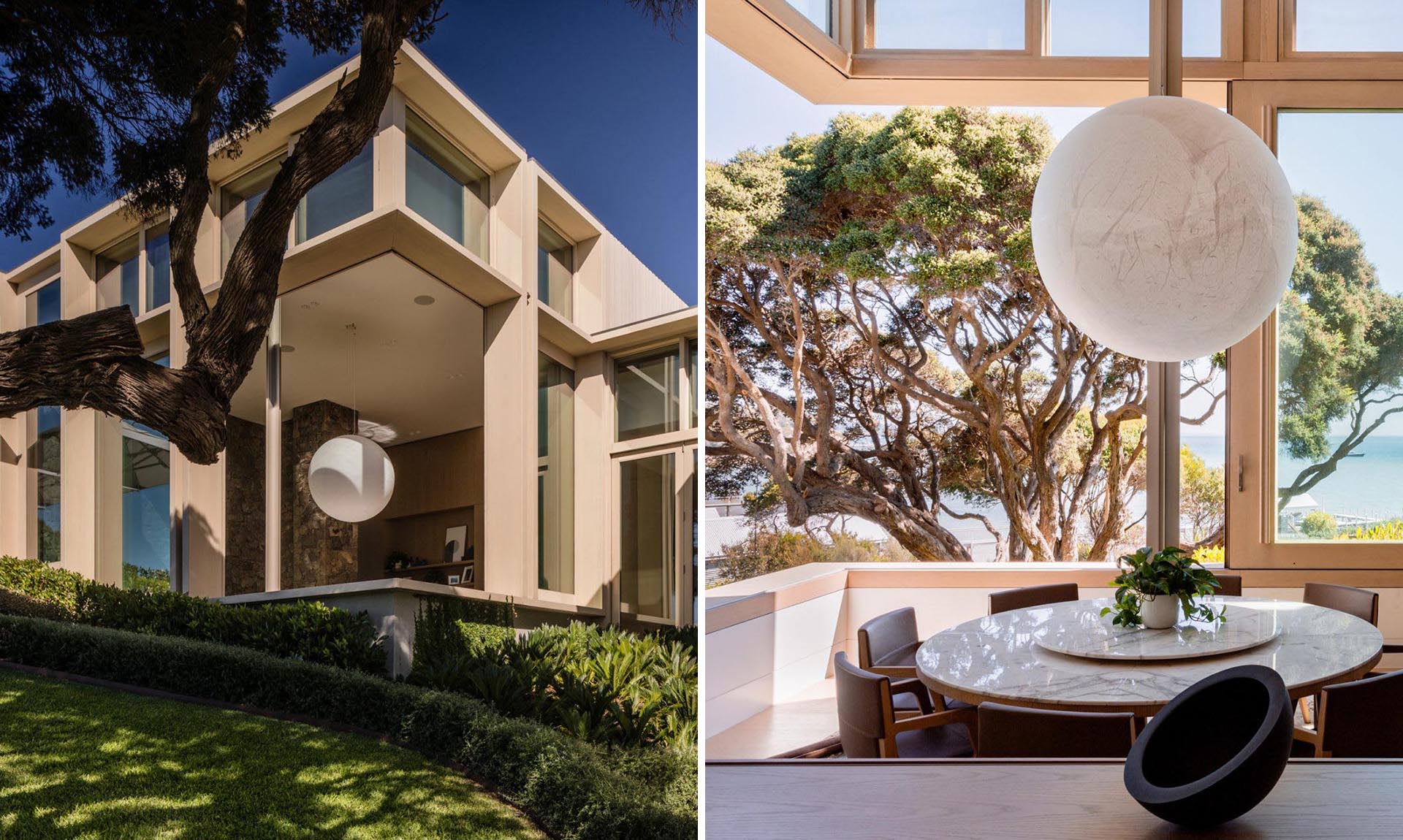 Wood framed windows open up the interior of this modern home.