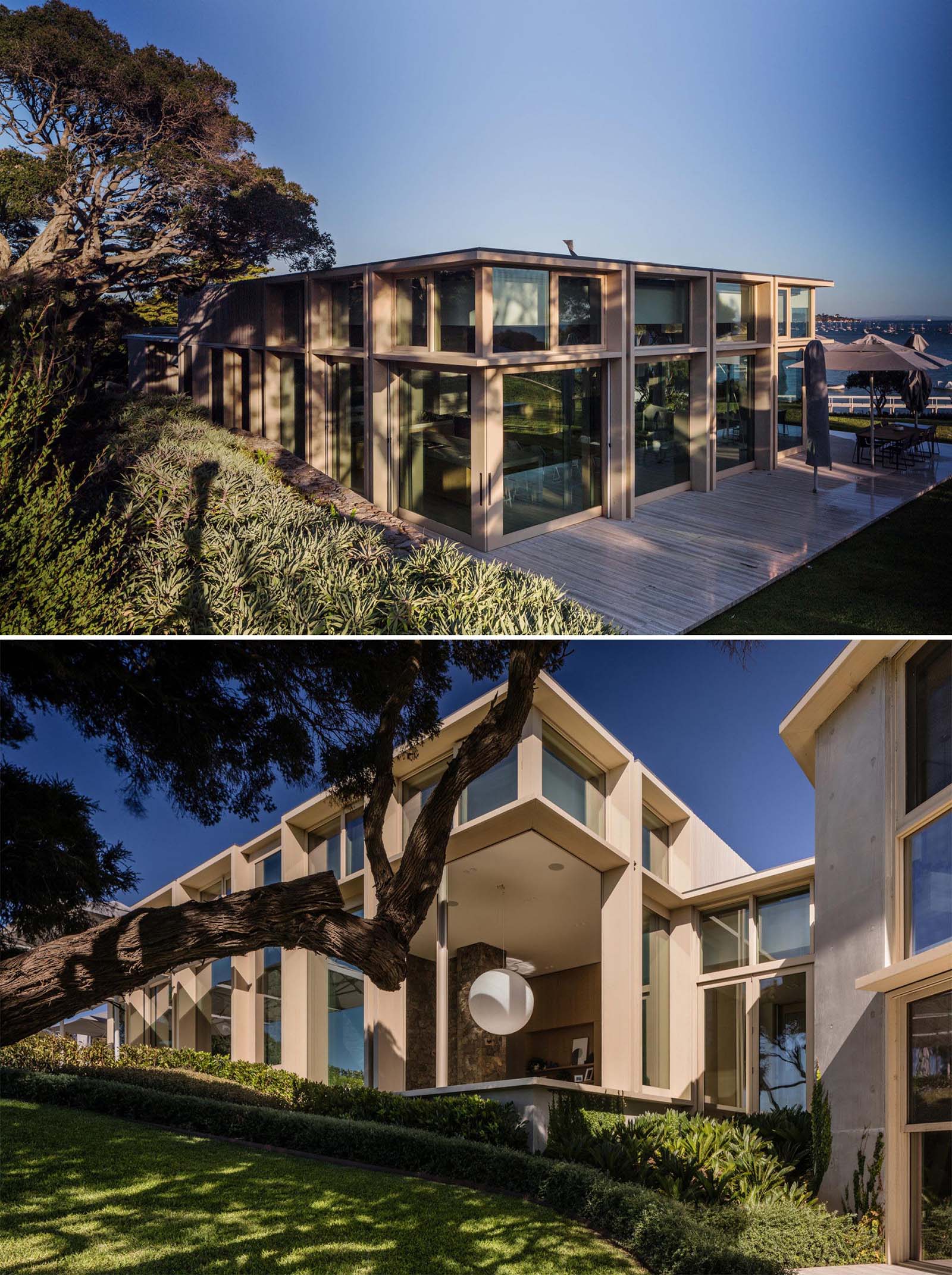 Wood framed windows open up the interior of this modern home.