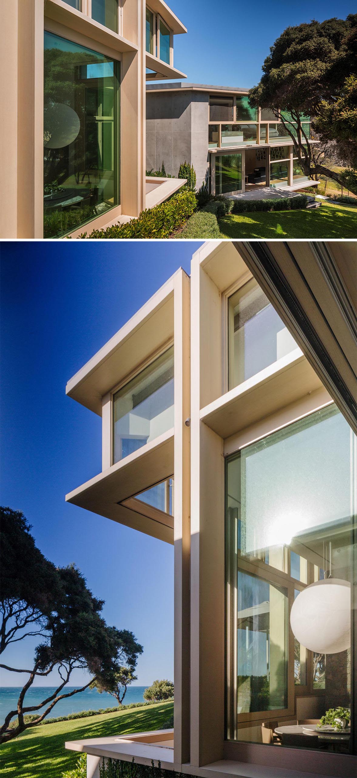 Wood framed windows open up the interior of this modern home.