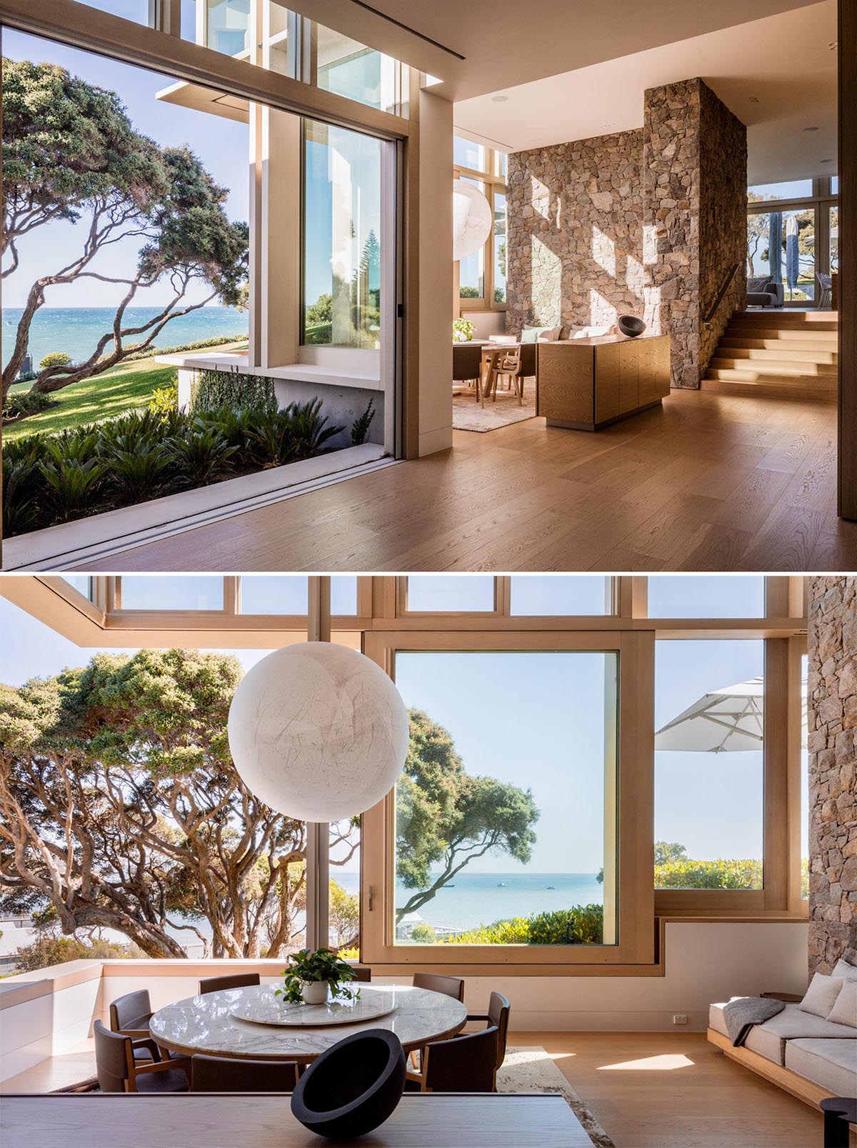 Wood framed windows open up the interior of this modern home to the outdoors.