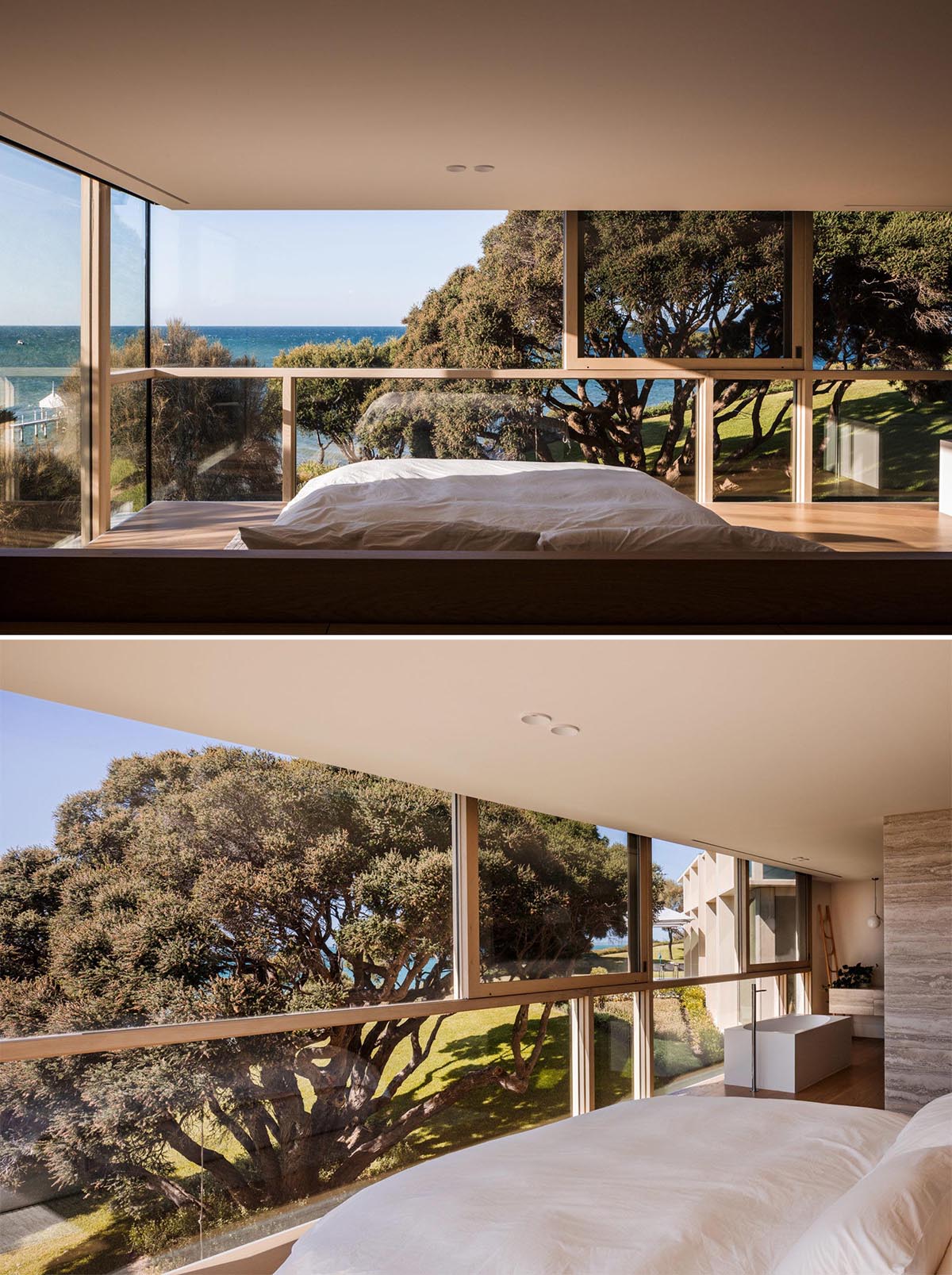In this modern bedroom, sliding windows that match the level of the home, open up to provide unobstructed views.