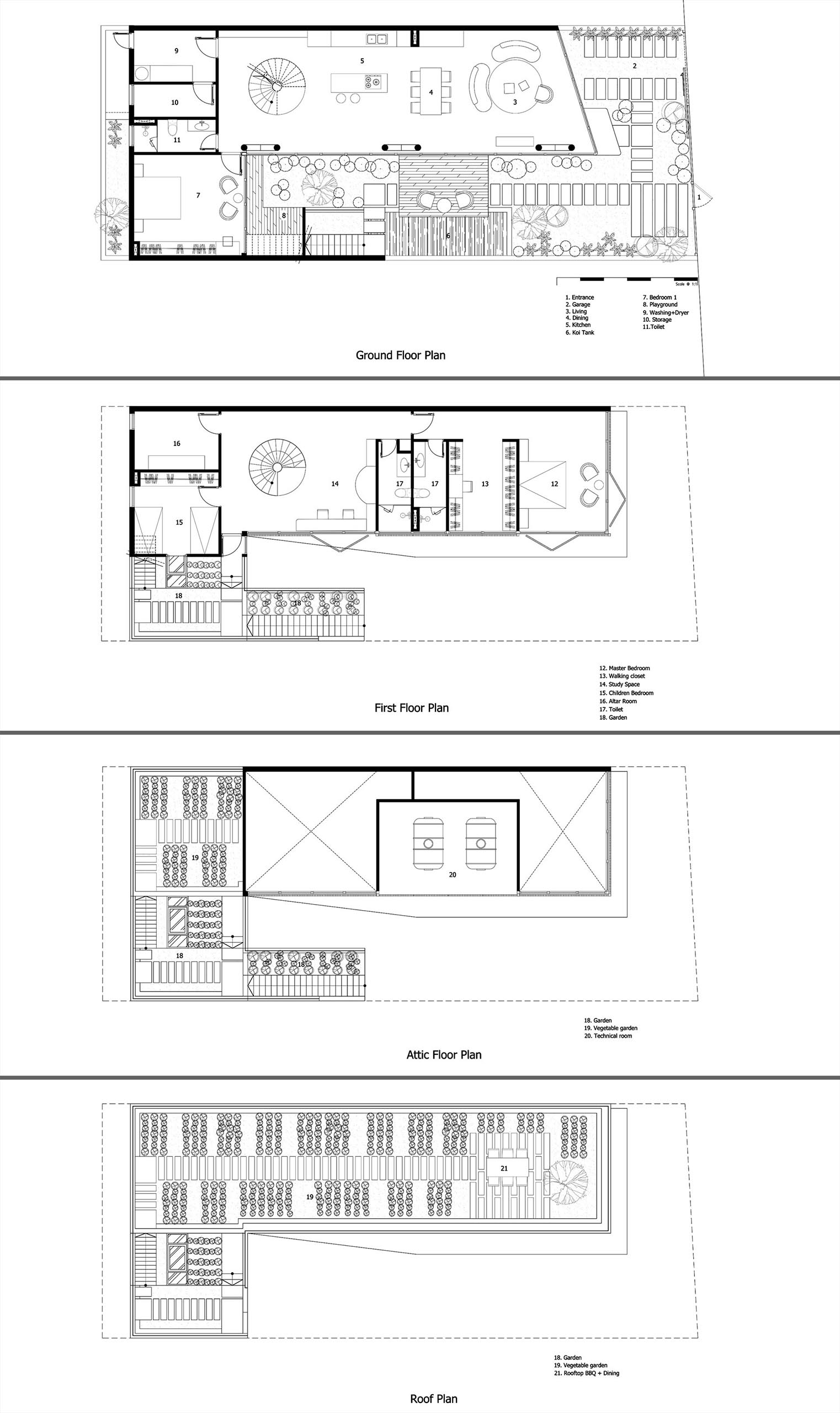 A modern multi-story house with a herb / vegetable garden on the roof.