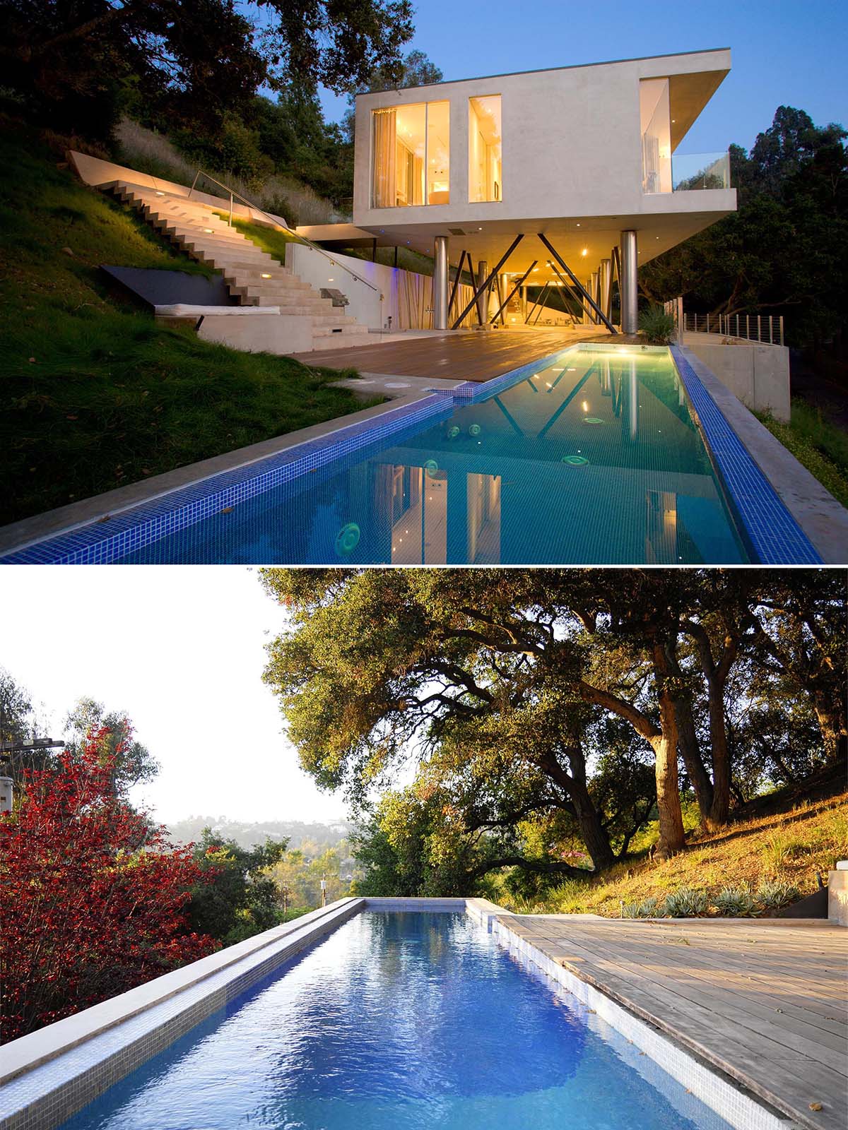 A modern home with a long swimming pool and exterior stairs.