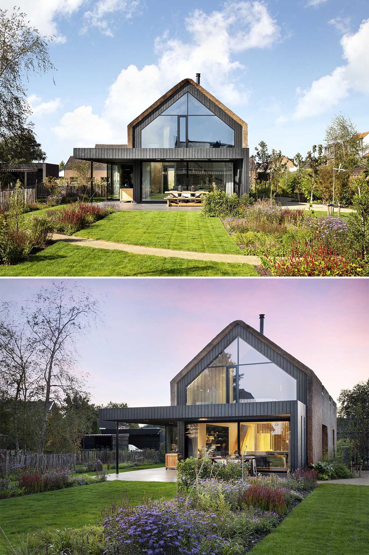 A modern house with a thatched roof and black-finished wood.