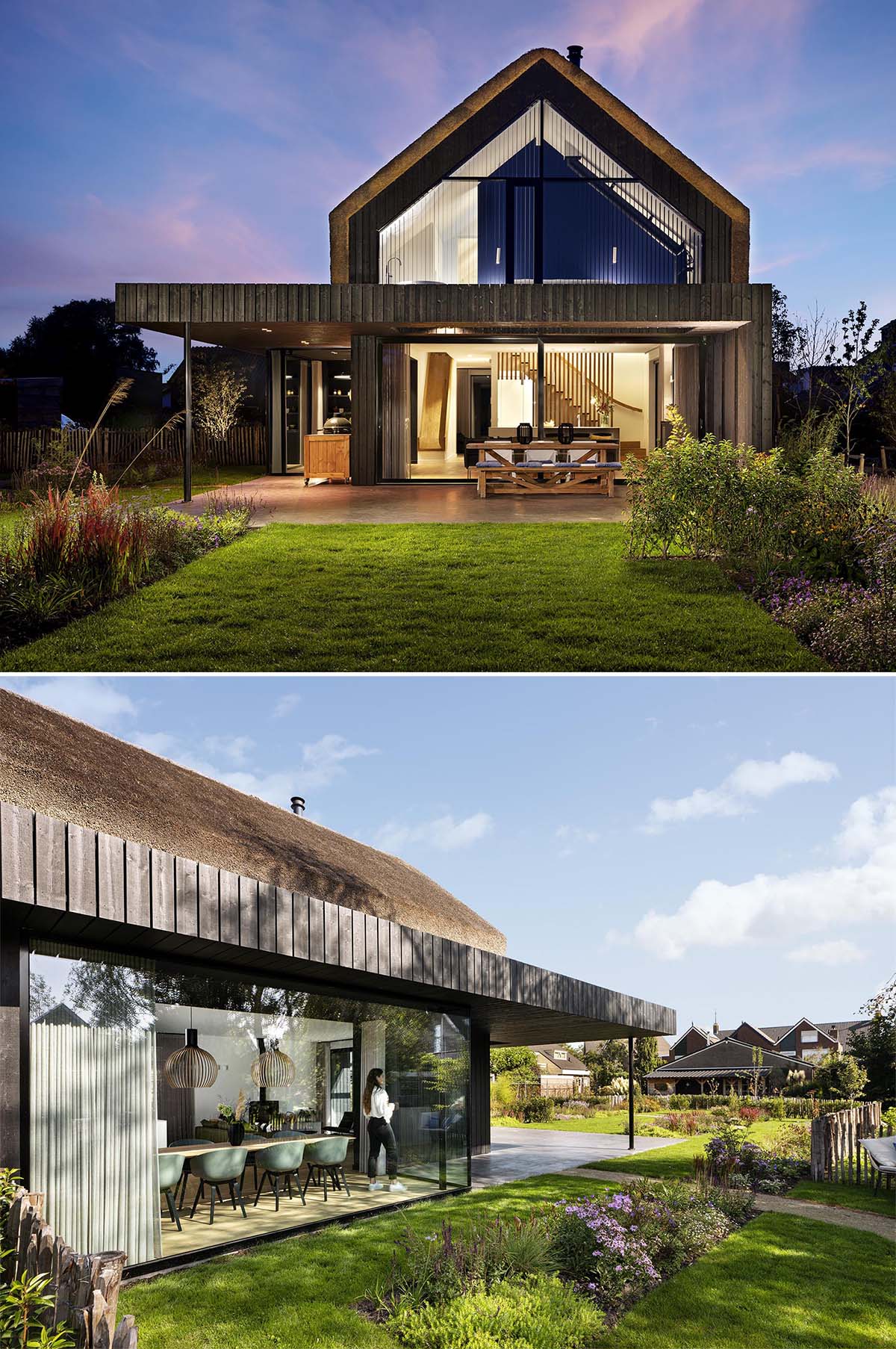 A modern house with a thatched roof and black-finished wood.