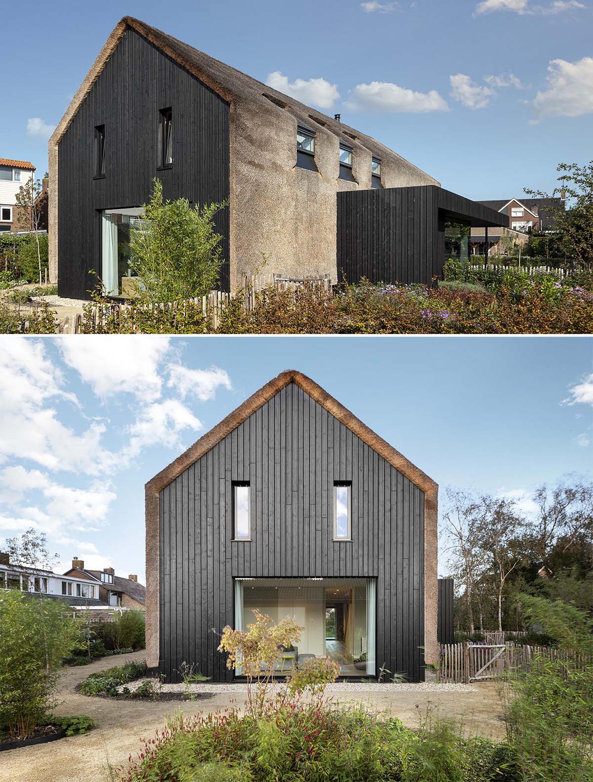 The exterior of this modern house is covered in thatch, which runs vertically down from the rooftop and along the sides of the house. The thatched roof is contrasted by wood with a black finish.