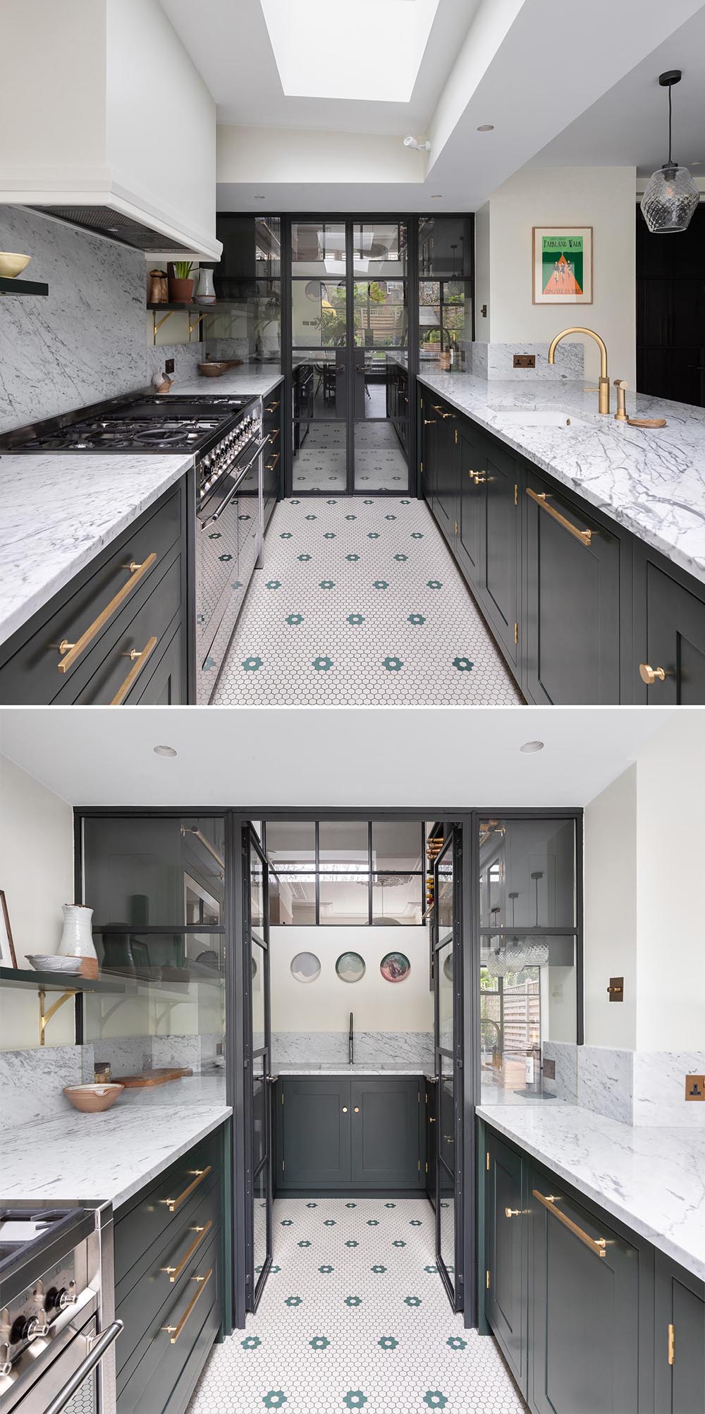 A modern kitchen with dark cabinets and gray marble countertops that continue through to a walk-in pantry behind a glass wall.