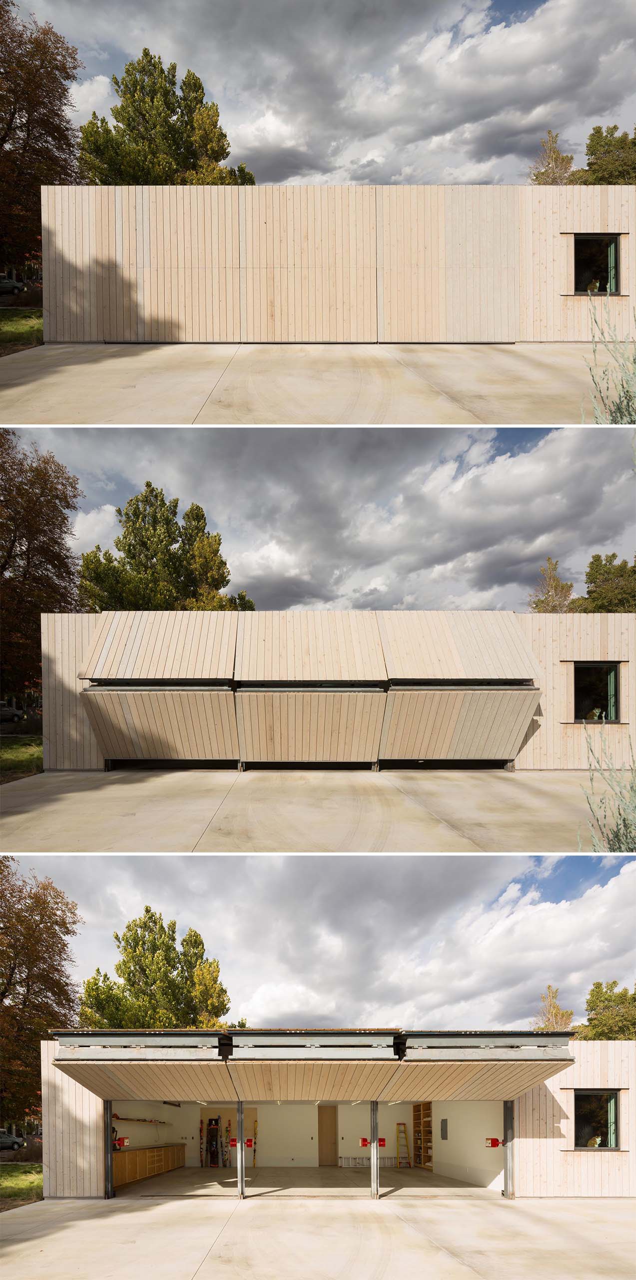 A modern cedar clad house with a matching garage that has hidden doors.