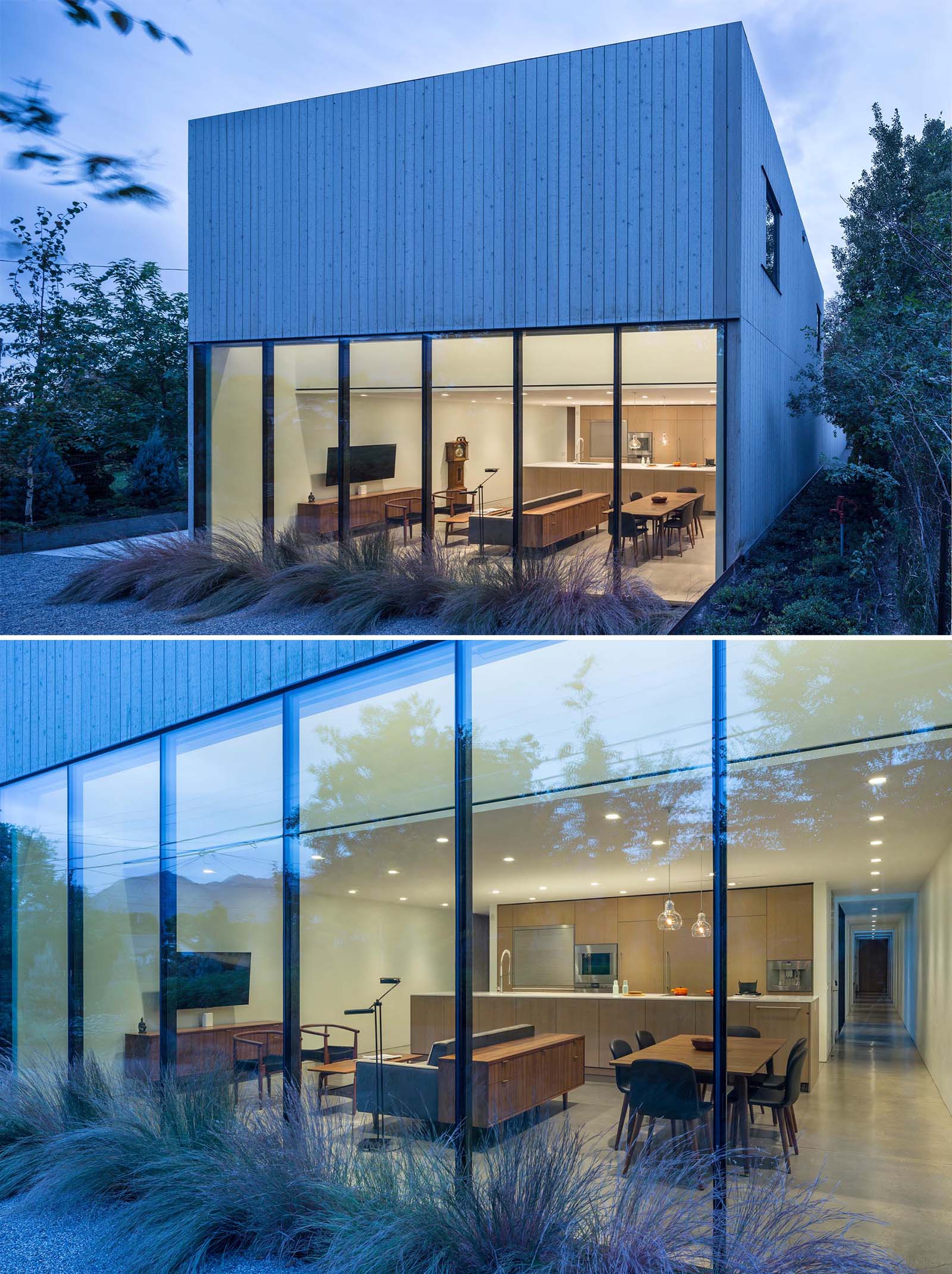 A modern cedar clad home with a glass wall.