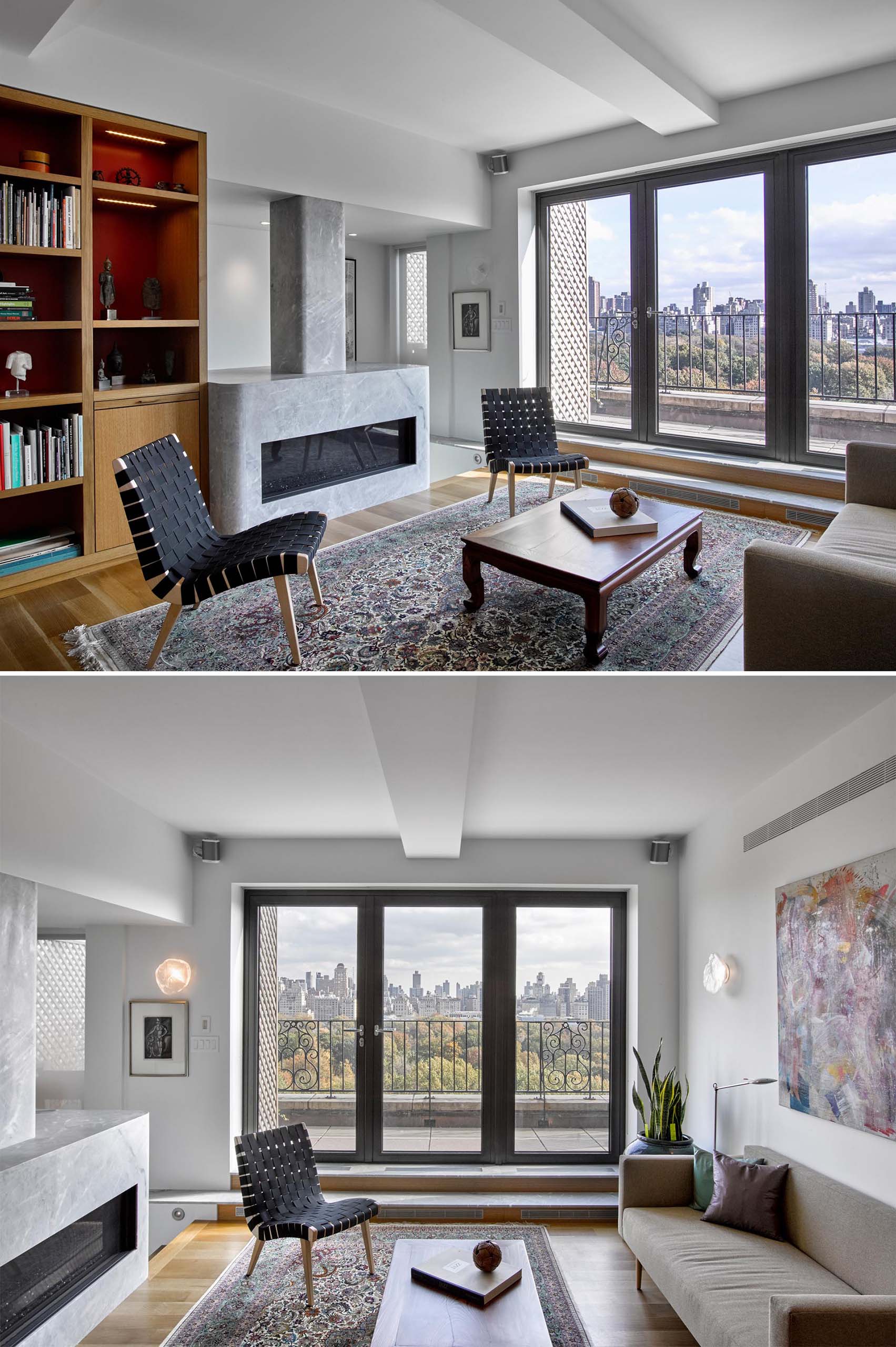 A modern living room that includes a gas fireplace by Spark with a light gray stone surround by SMC Stone. 