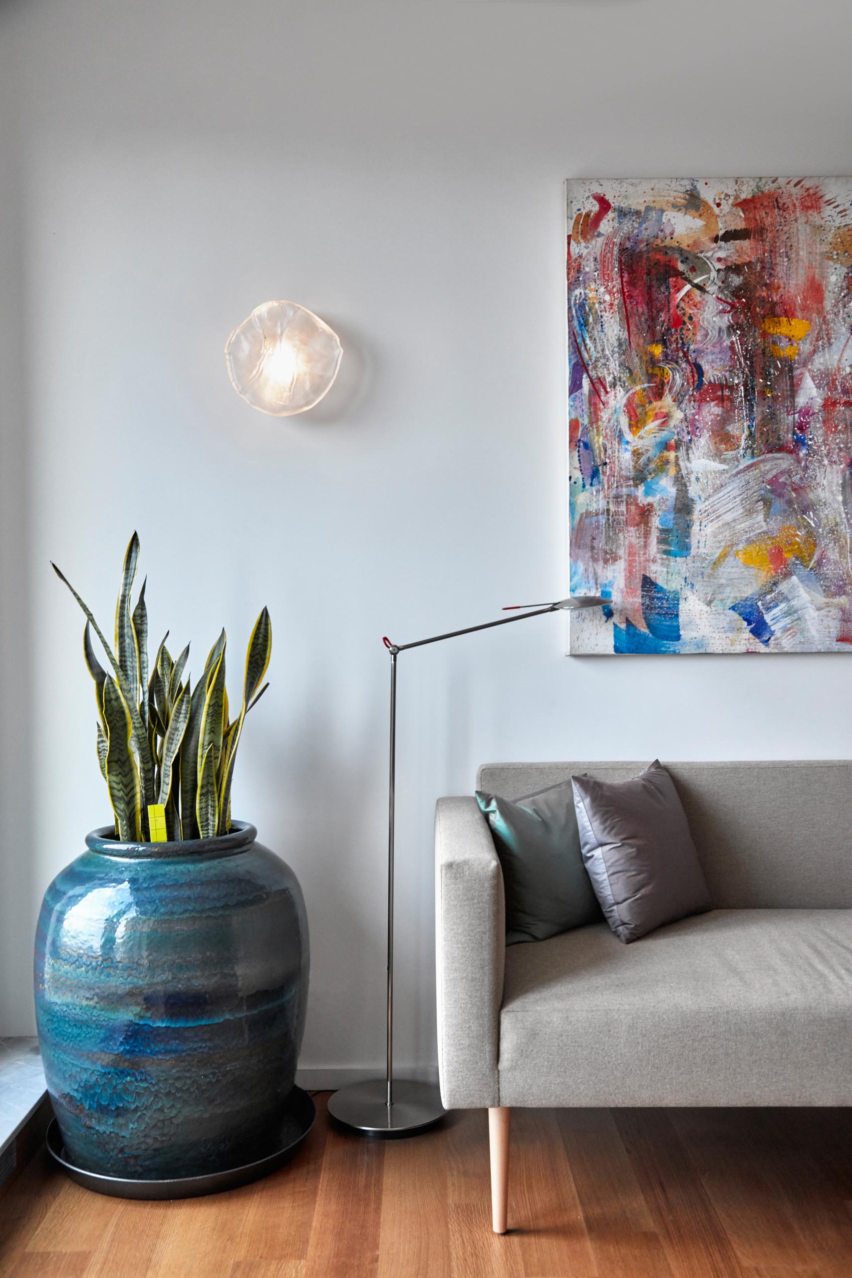 A modern living room with mid-century inspired furniture.