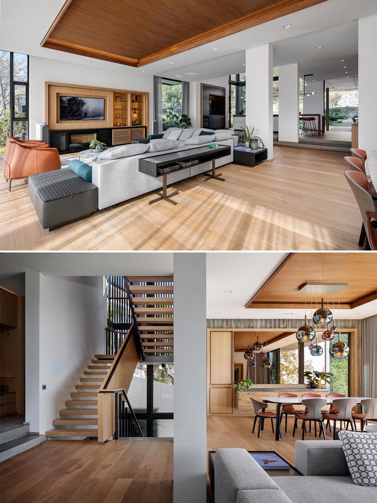 The open plan interior  of this modern home includes a spacious living room and dining room, while a couple of steps leads up to the kitchen.