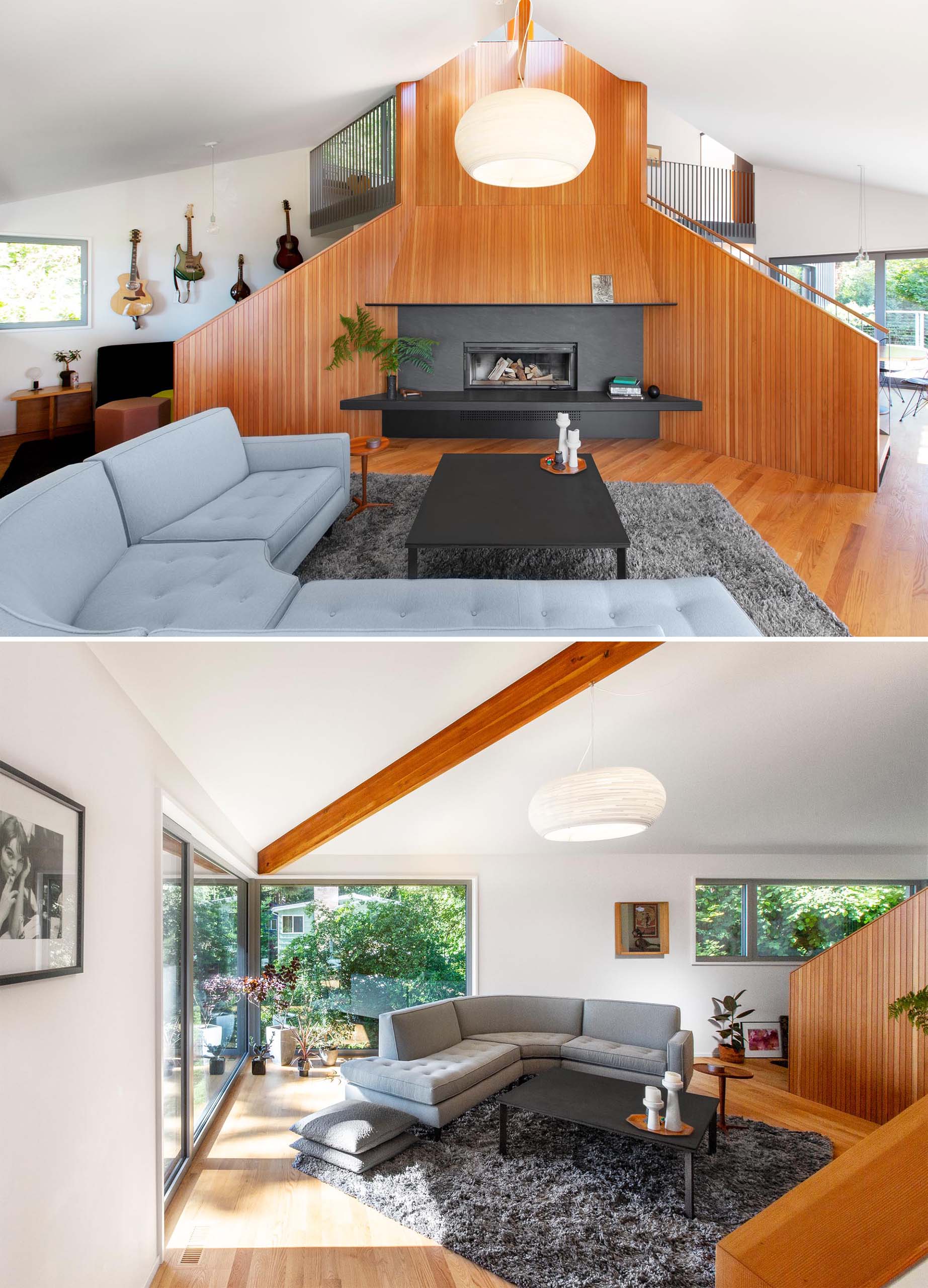 In this modern living room, custom milled fir surrounds a black fireplace with steel accents, while large windows provide tree views.