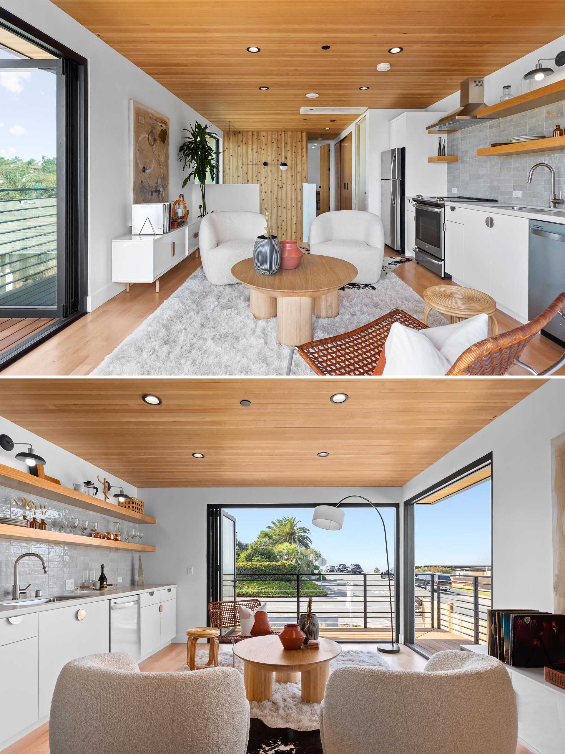 A modern accessory dwelling unit (ADU) with an open plan living room and linear kitchen.