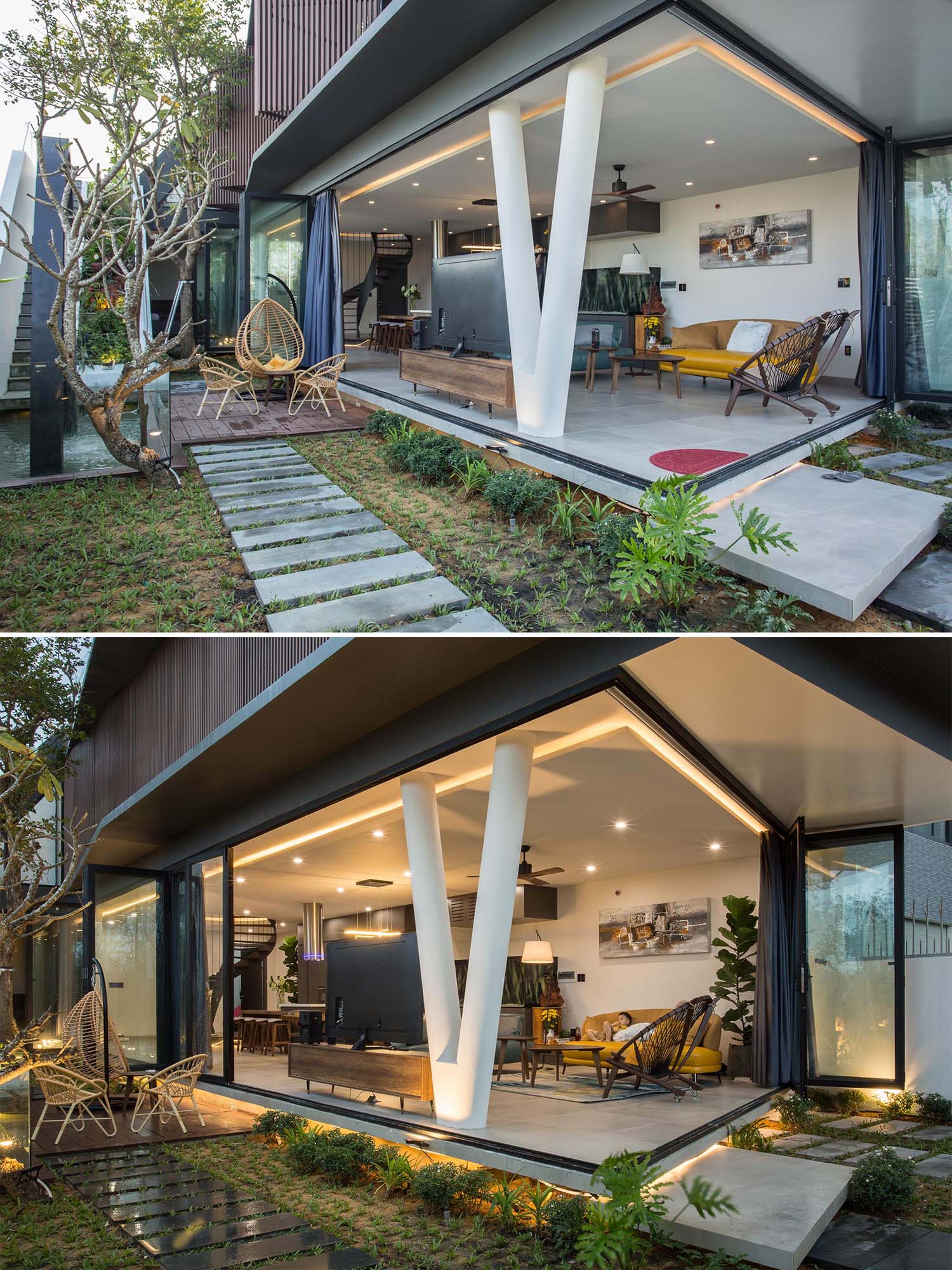 The interior of this modern home has the living room, dining room, and kitchen connected to create big and flexible space. 