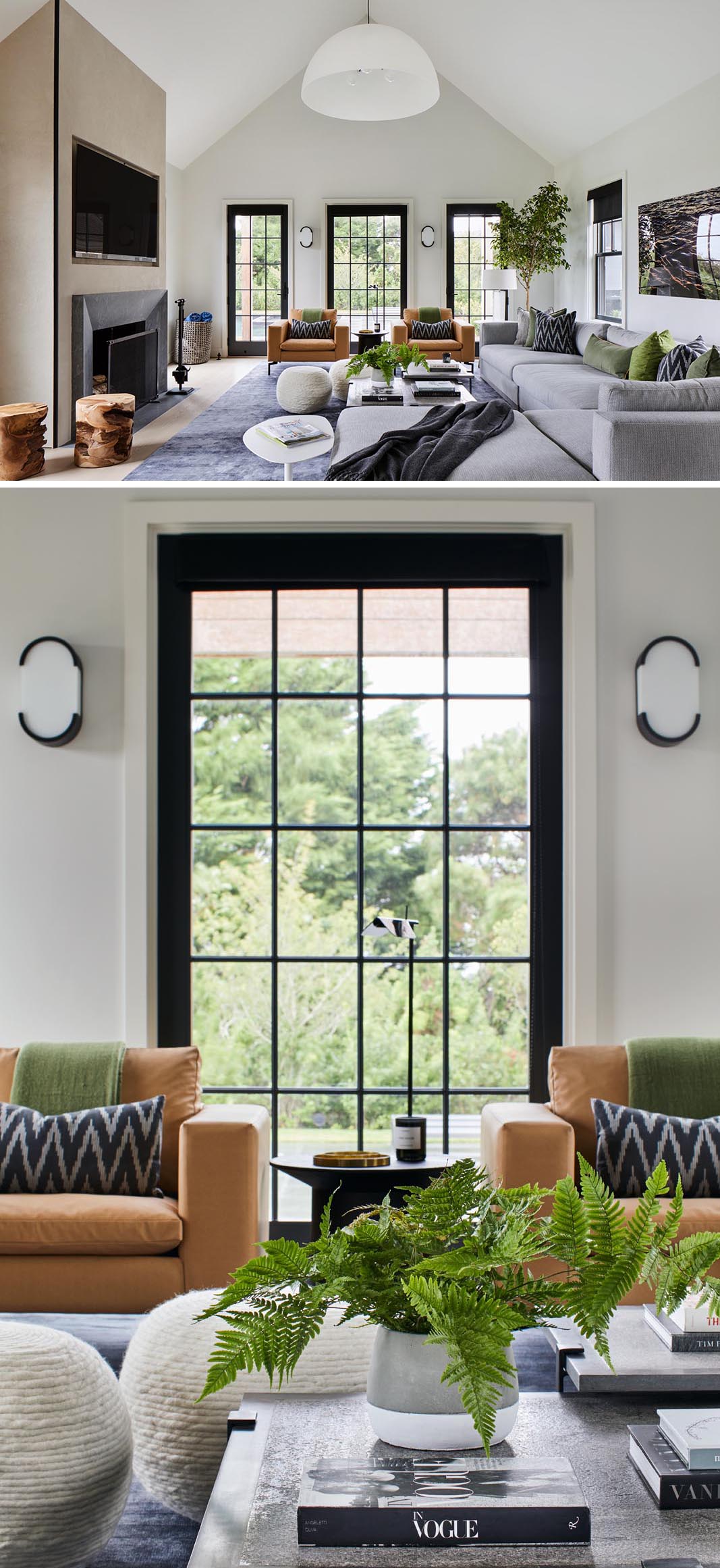 In this modern living room there's cathedral-like gabled ceilings, while the black window and door frames contrast the light interior.