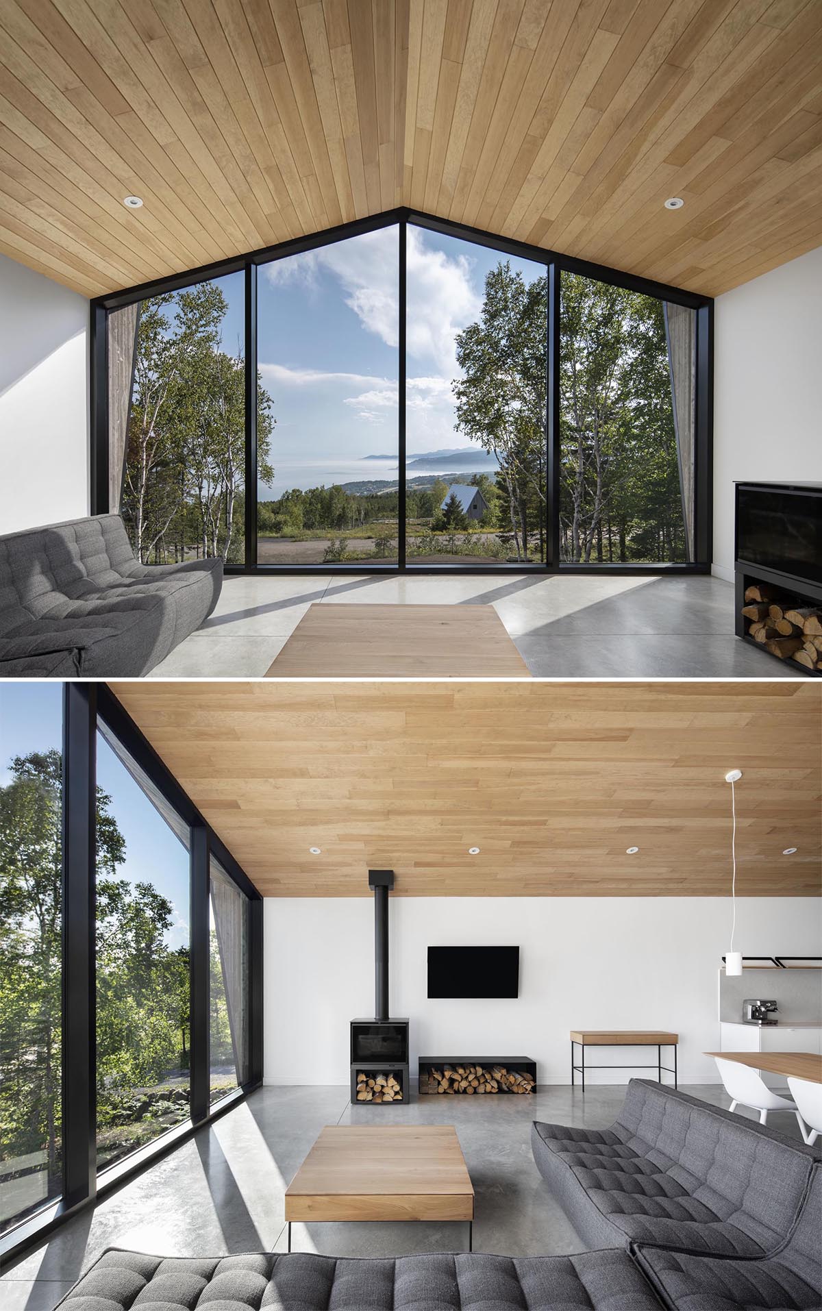 An open plan living room, dining area, and kitchen all share the same  vaulted wood ceiling and concrete floors.