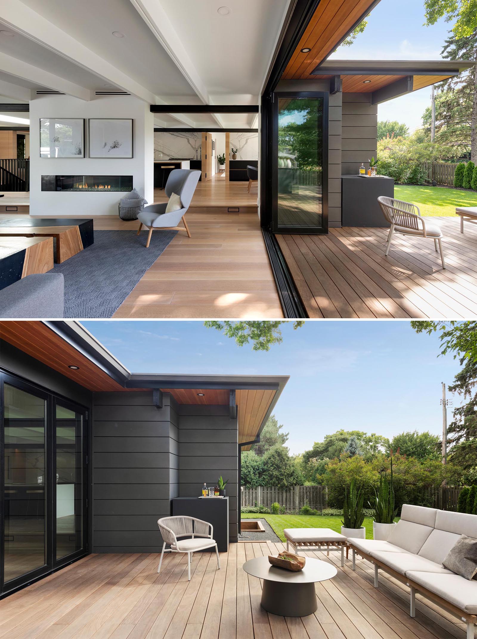 A folding glass wall opens this modern living room to a wood deck that extends the available living space.