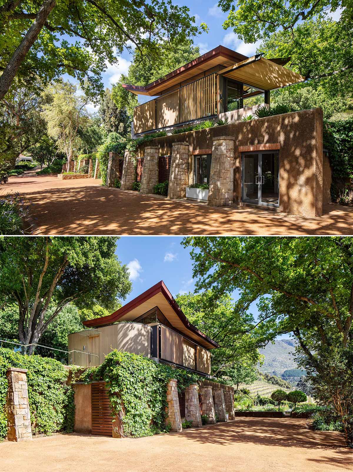 A modern stone and wood home gym and guest suite.