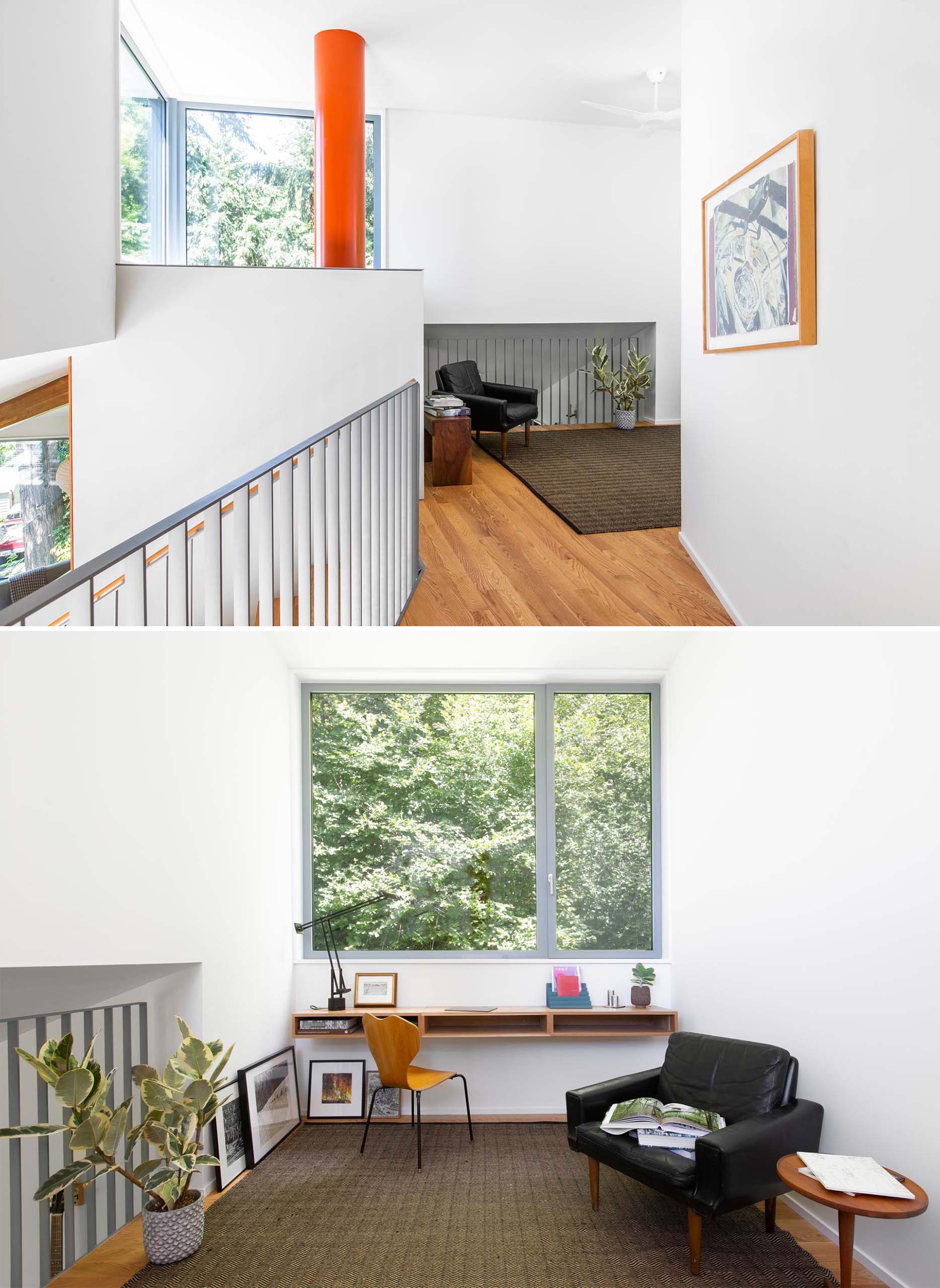 A modern home office with a floating wood desk and a small sitting area.