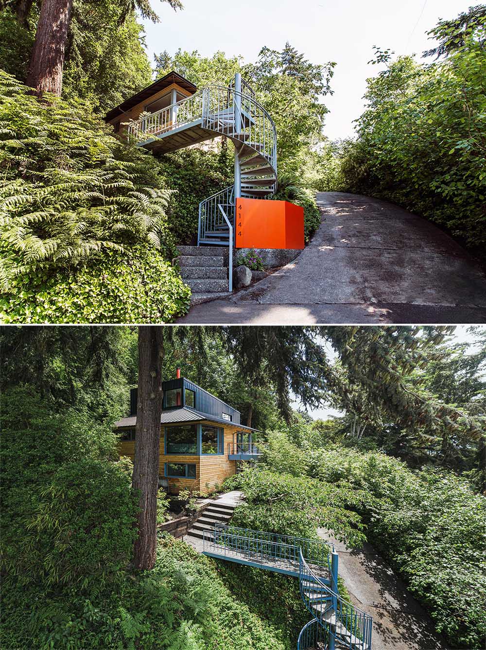 Spiral stairs next to the driveway connect with a path that leads to the front door of this home.