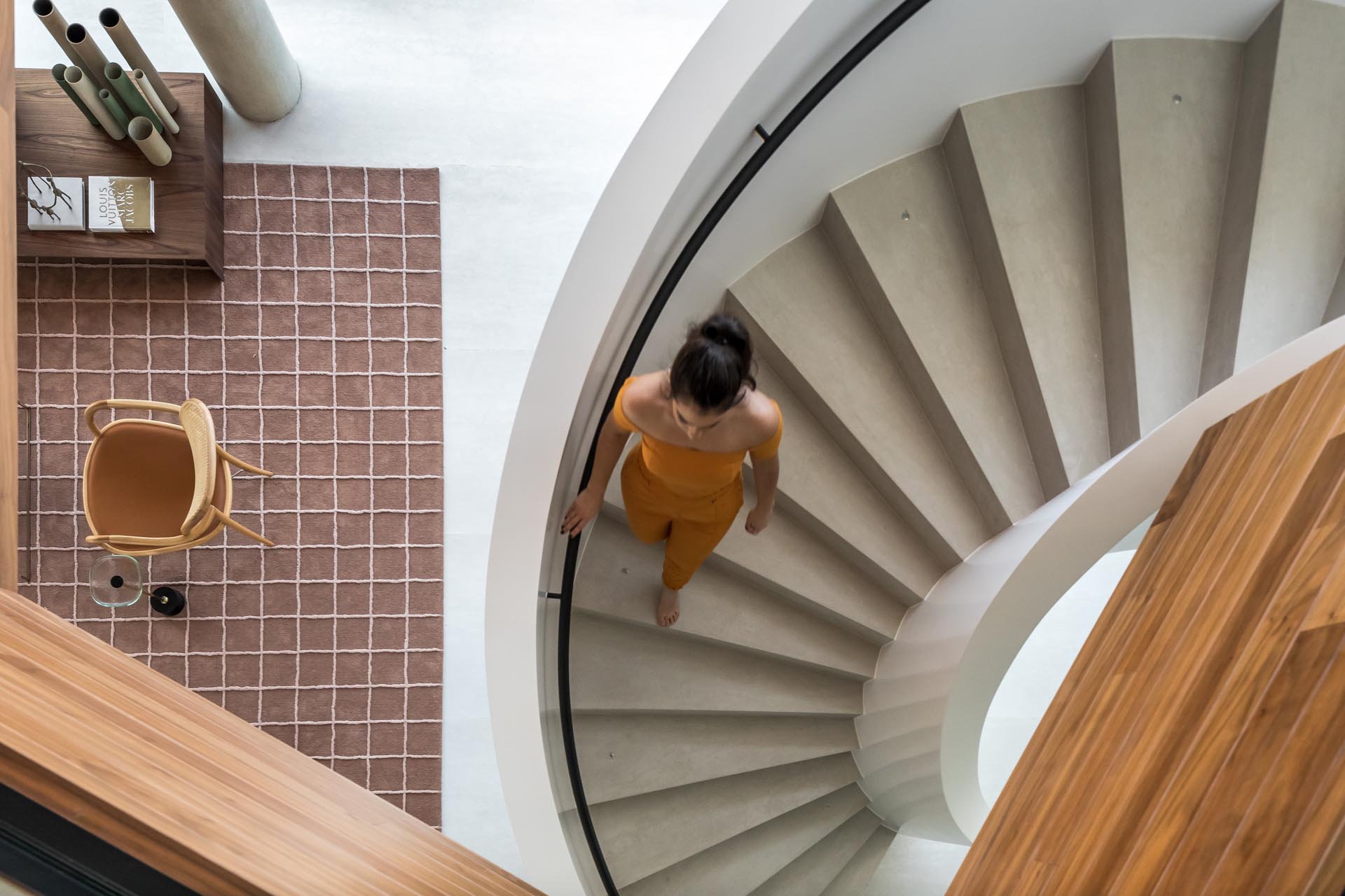 Modern white spiral staircase.