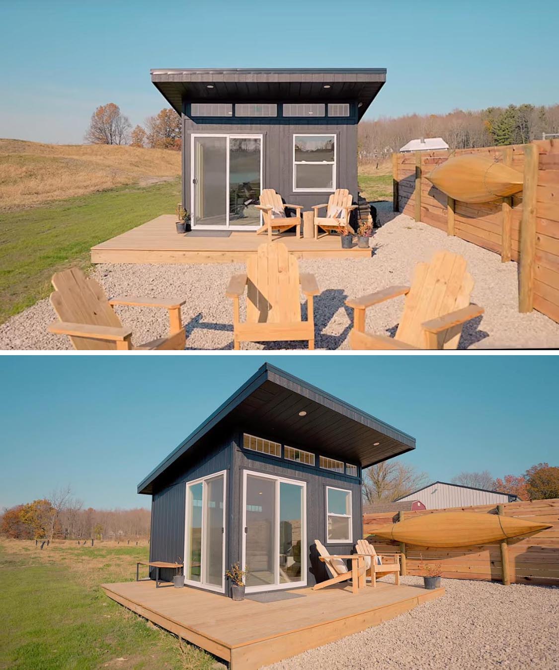 The exterior of this tiny house has a modern design with a sloped roof, wood siding with a black finish, and clerestory windows.