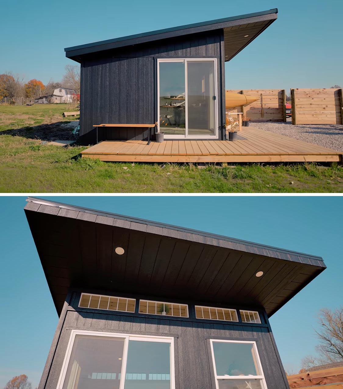 Wrapping around two sides of this modern tiny house is a natural wood deck that's accessible by a pair of sliding glass doors.