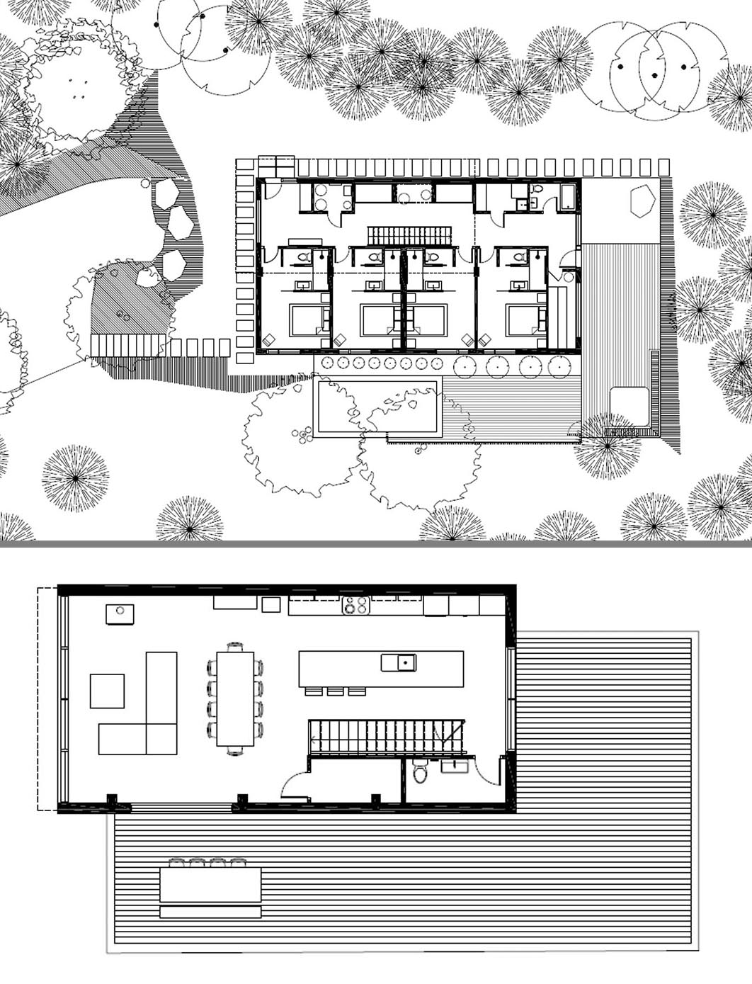 The floor plan of a modern home with the social areas of the house on the upper floor.