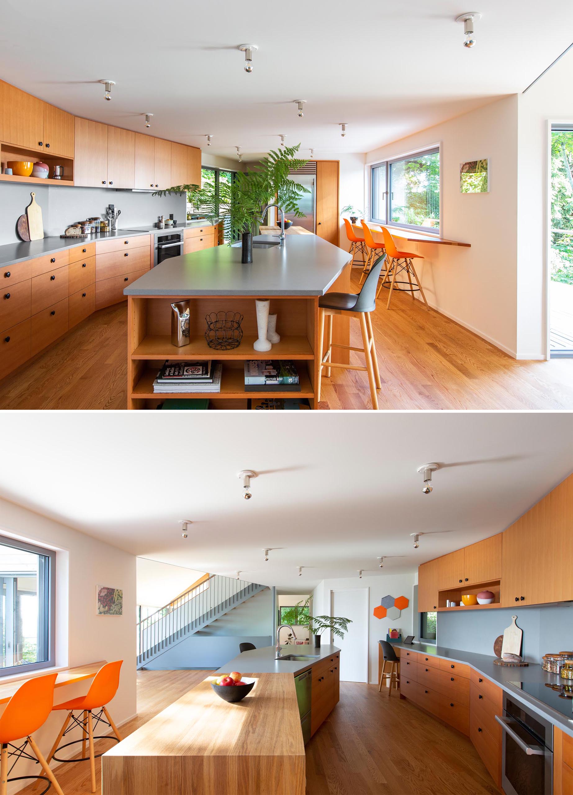 In this kitchen, wood cabinets have been paired with Caesarstone 'Sleek Concrete' countertop, while on the island, there's also a Red Oak butcher block countertop.