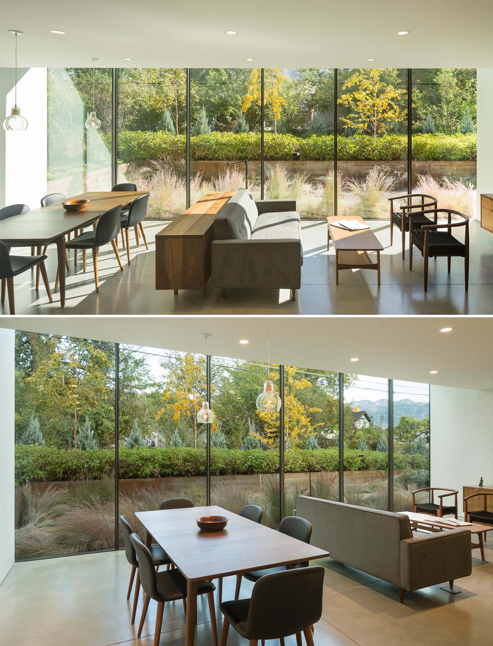 An open plan living room and dining room with a wall of windows.