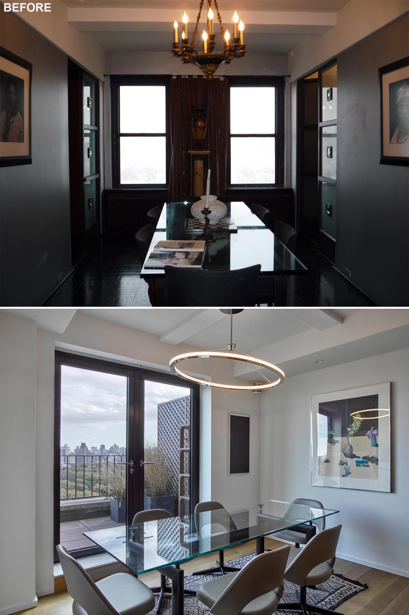 A dining room remodel transformed a dark space into a bright and open dining area.