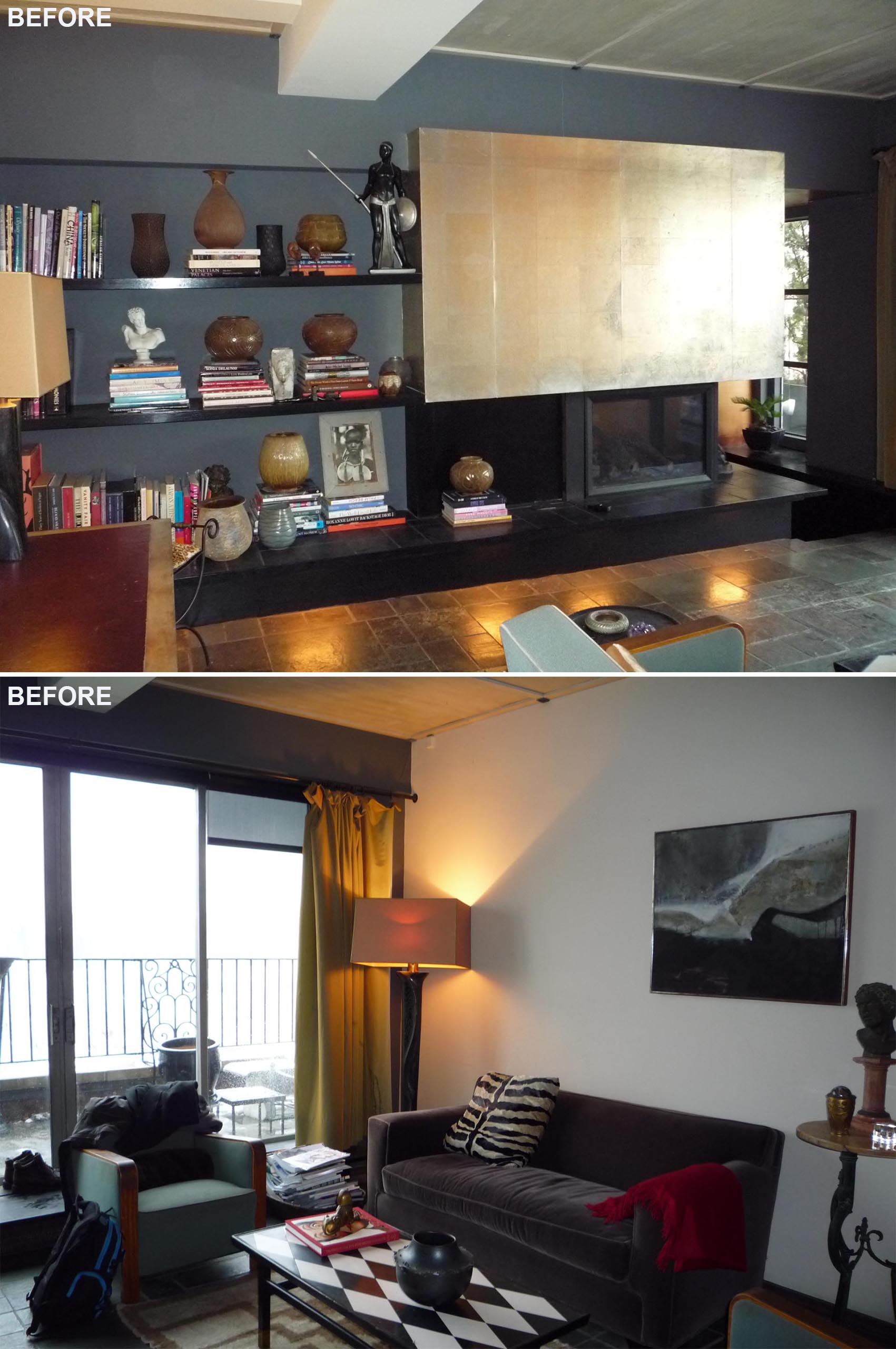 A 'before' photo of a living room with dark gray walls, a black fireplace, and metallic accent.