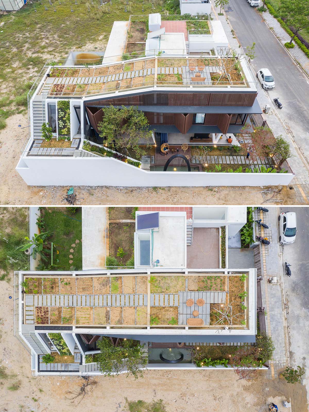 On the rooftop of this modern home, there's a small patio and a herb/vegetable garden that produces enough for daily use.