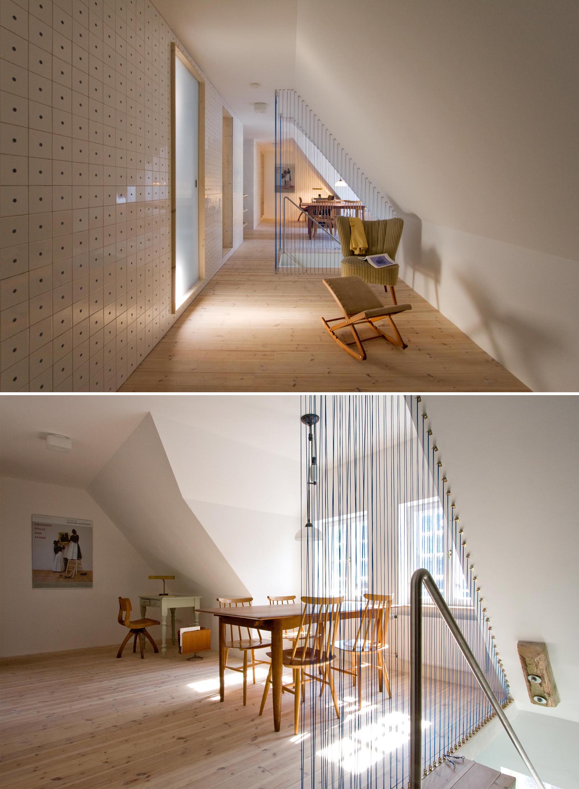 Modern stairs with a blue rope safety barrier.