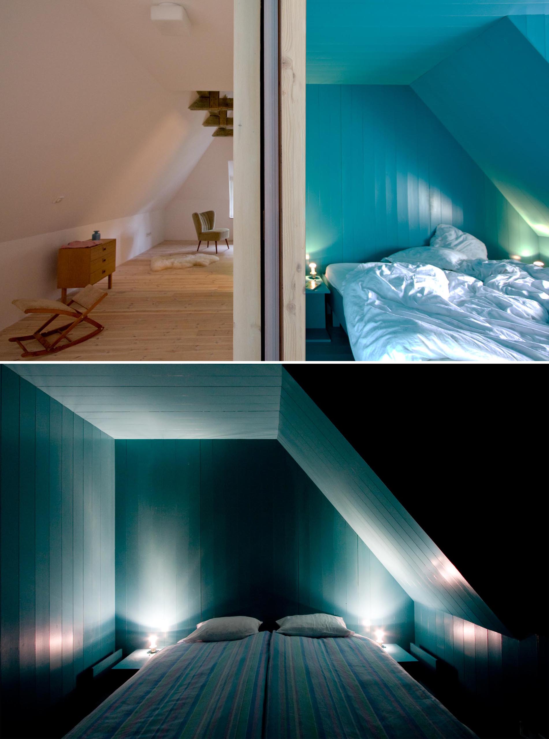 A modern turquoise blue bedroom.