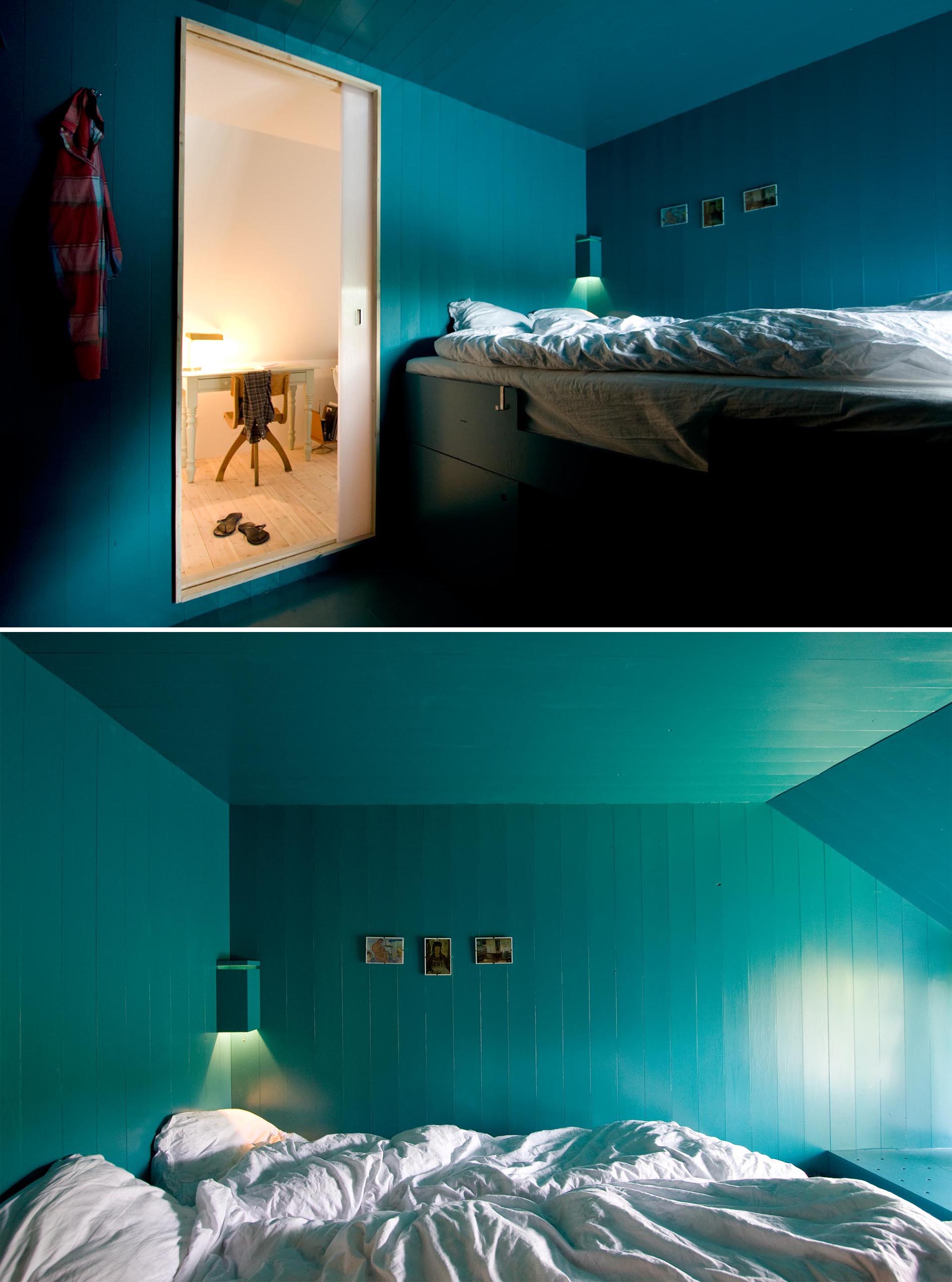 A modern turquoise blue bedroom with a loft bed that includes storage underneath.