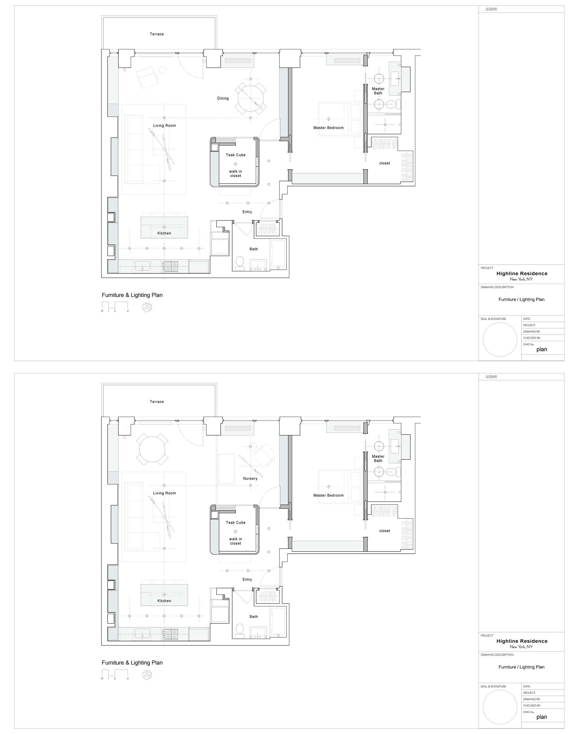 An apartment floor plan that shows how the dining room can transition into a bedroom.