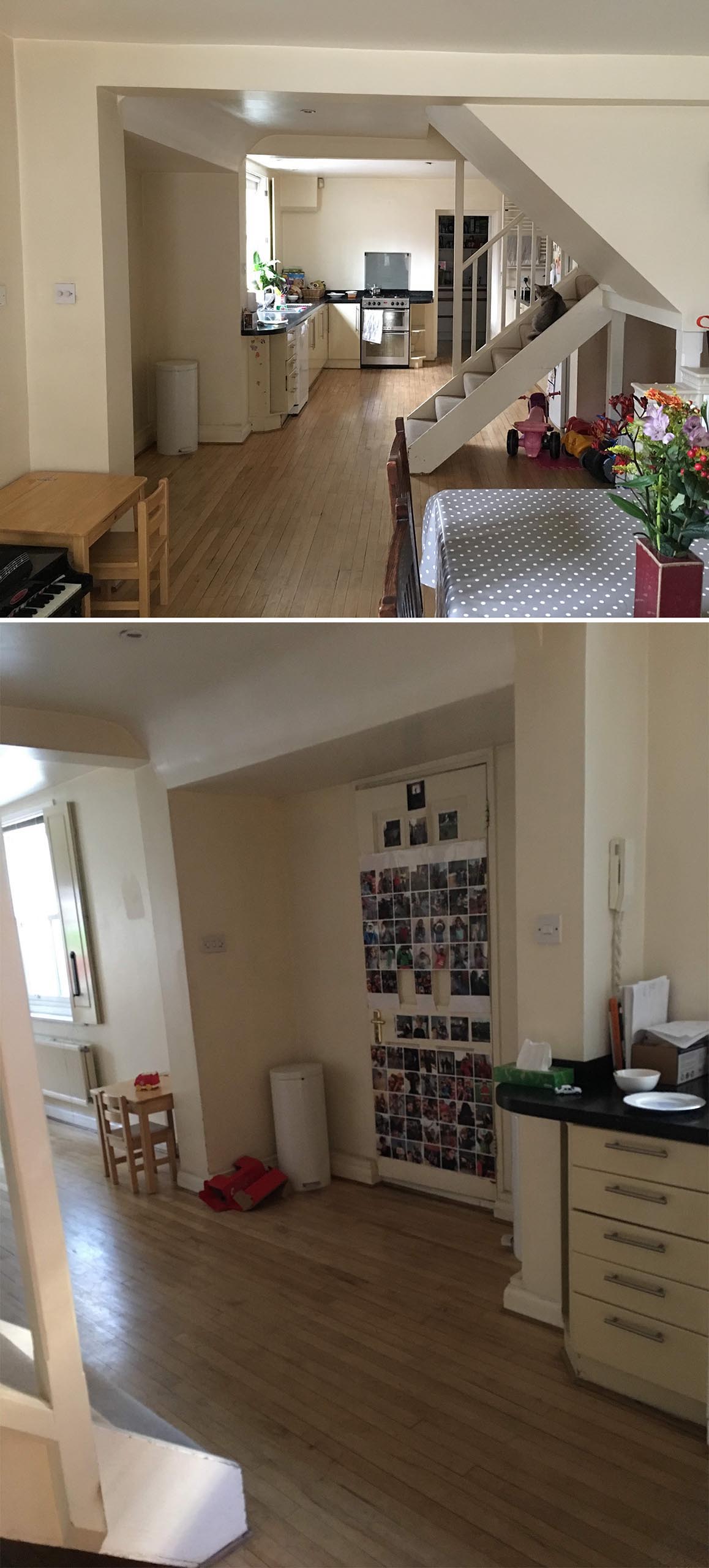 Before remodel - an open dining room that leads past the stairs and into the kitchen.