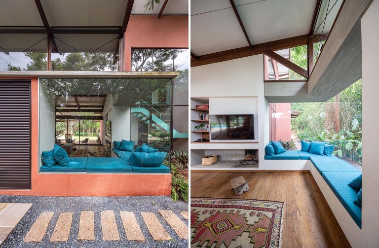 A Built-In Bench Wraps Around The Large Corner Window Of A This Home