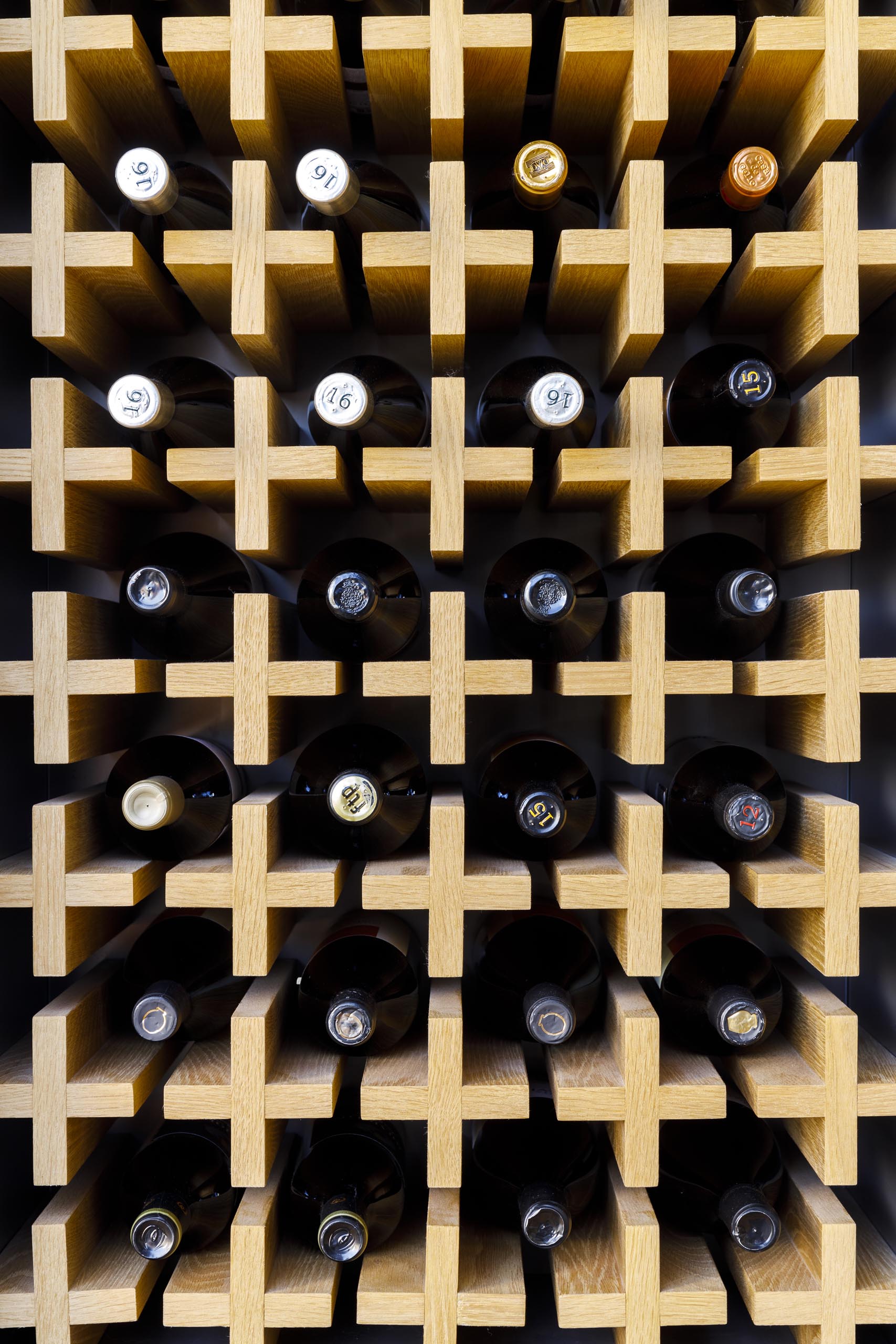 Modern wood wine storage wall.