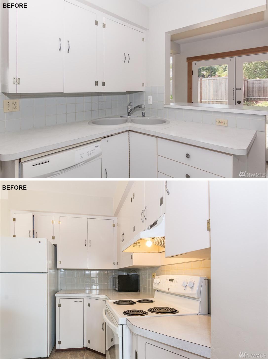 A dated white kitchen in a 1920s bungalow.