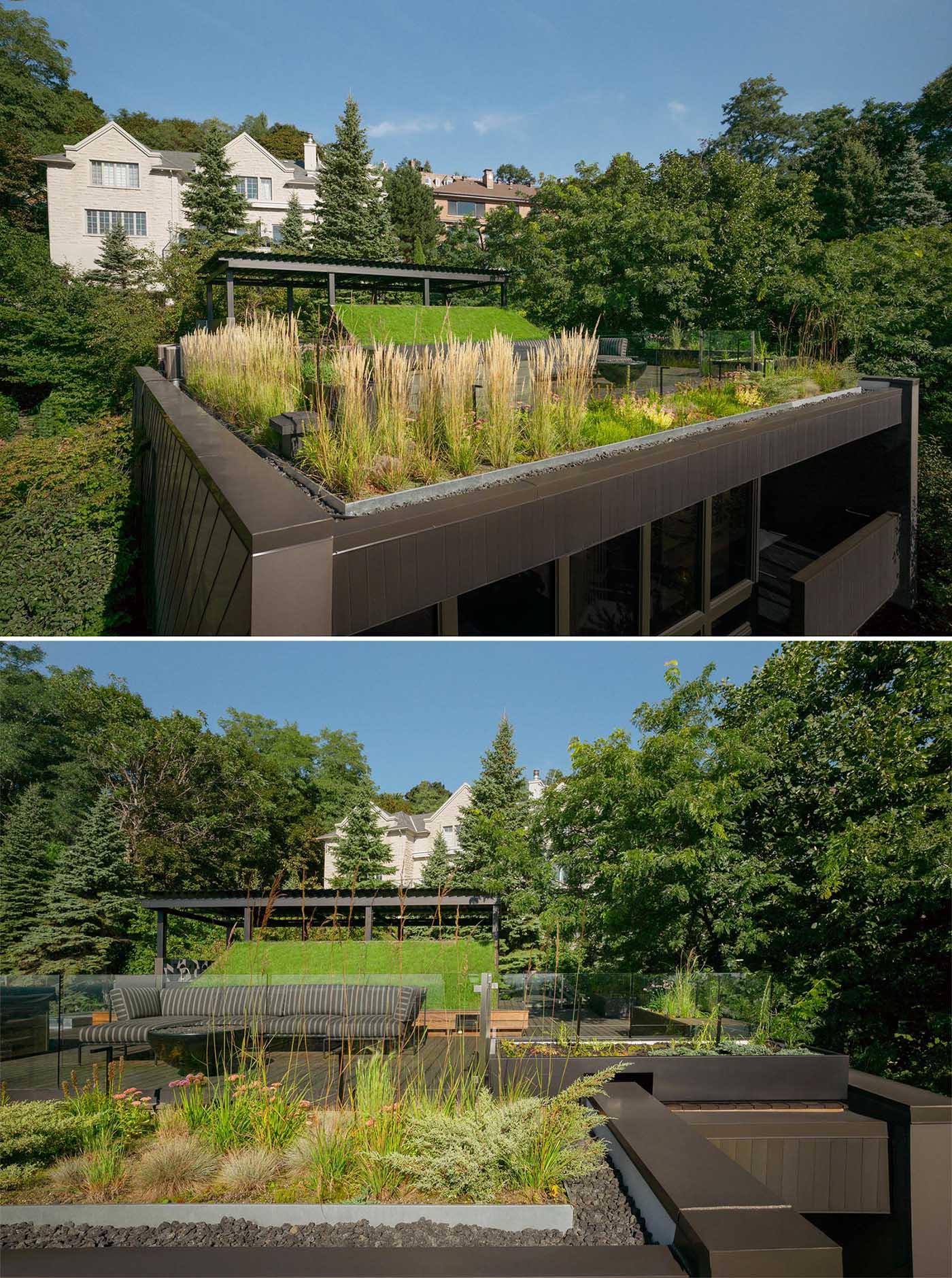 A modern rooftop terrace with an Ipe wood deck, exterior lighting, a sofa, and wildflowers.