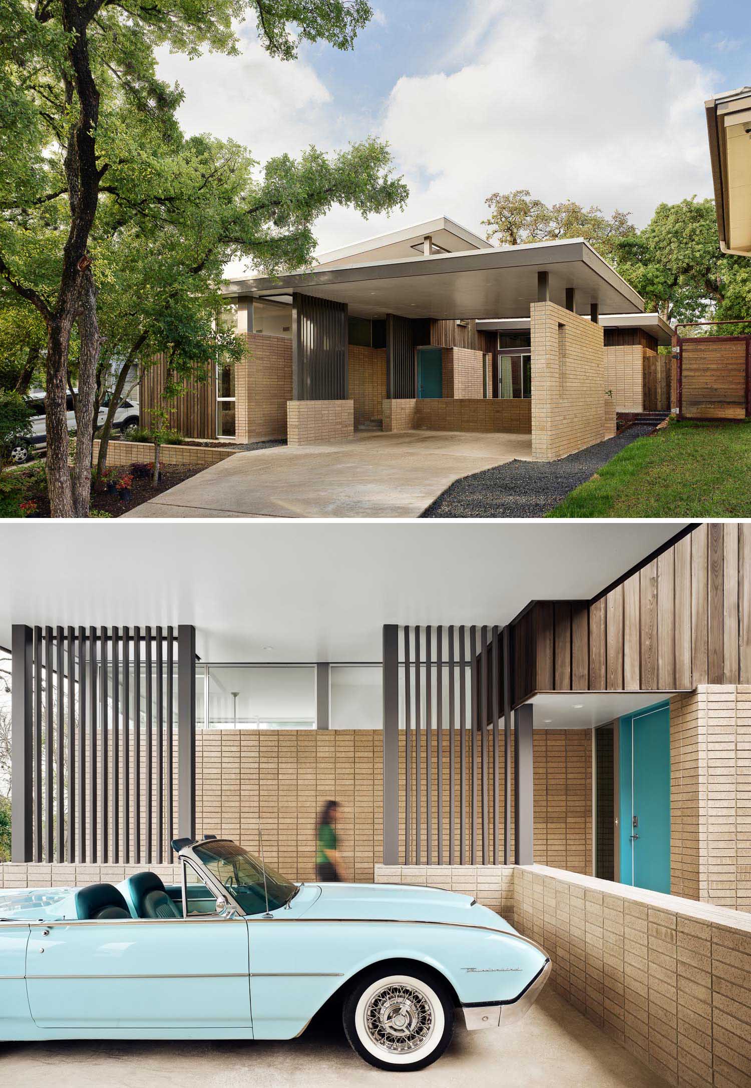 A mid-century modern inspired home with a turquoise front door and a carport.