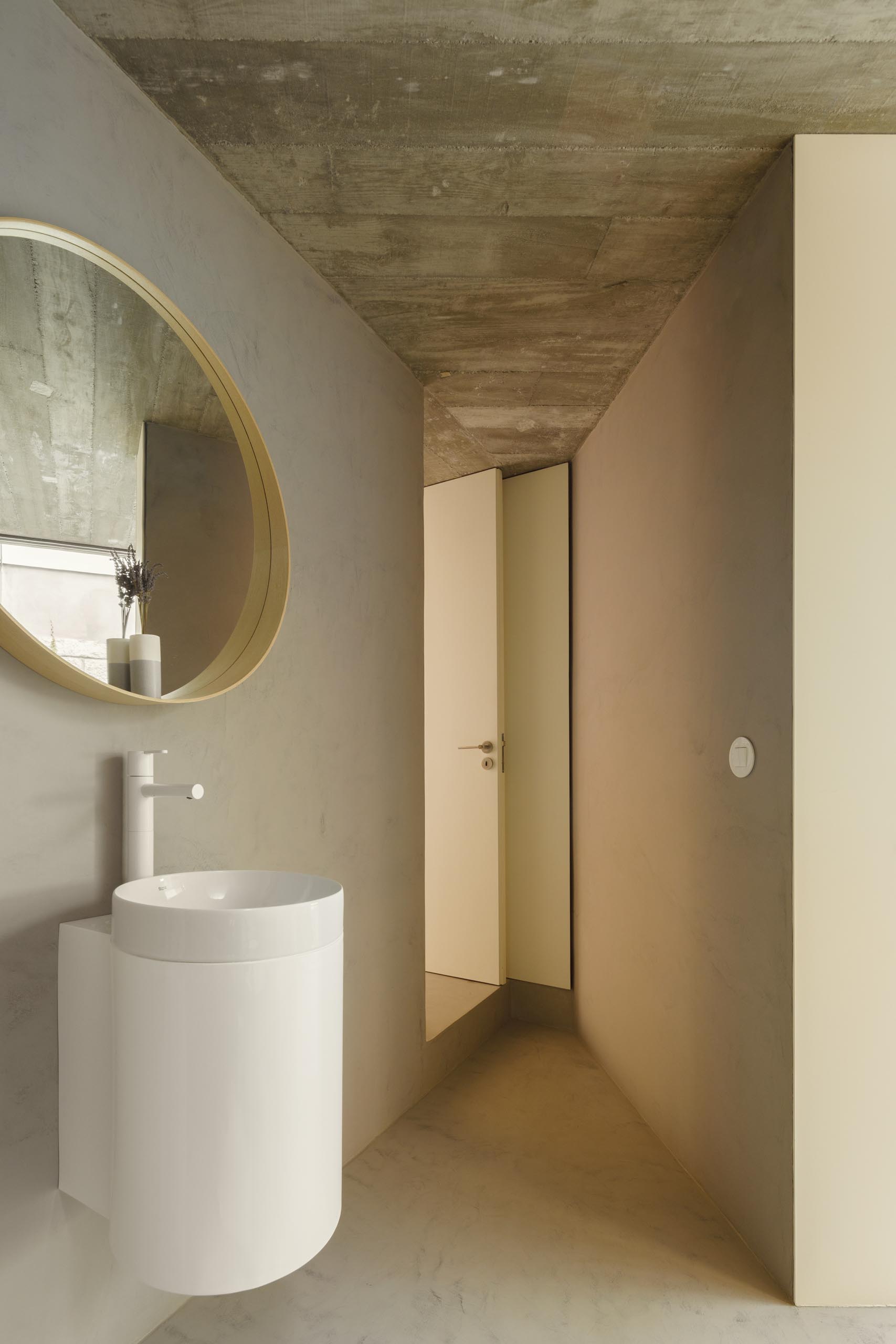 A modern bathroom with a minimalist vanity.