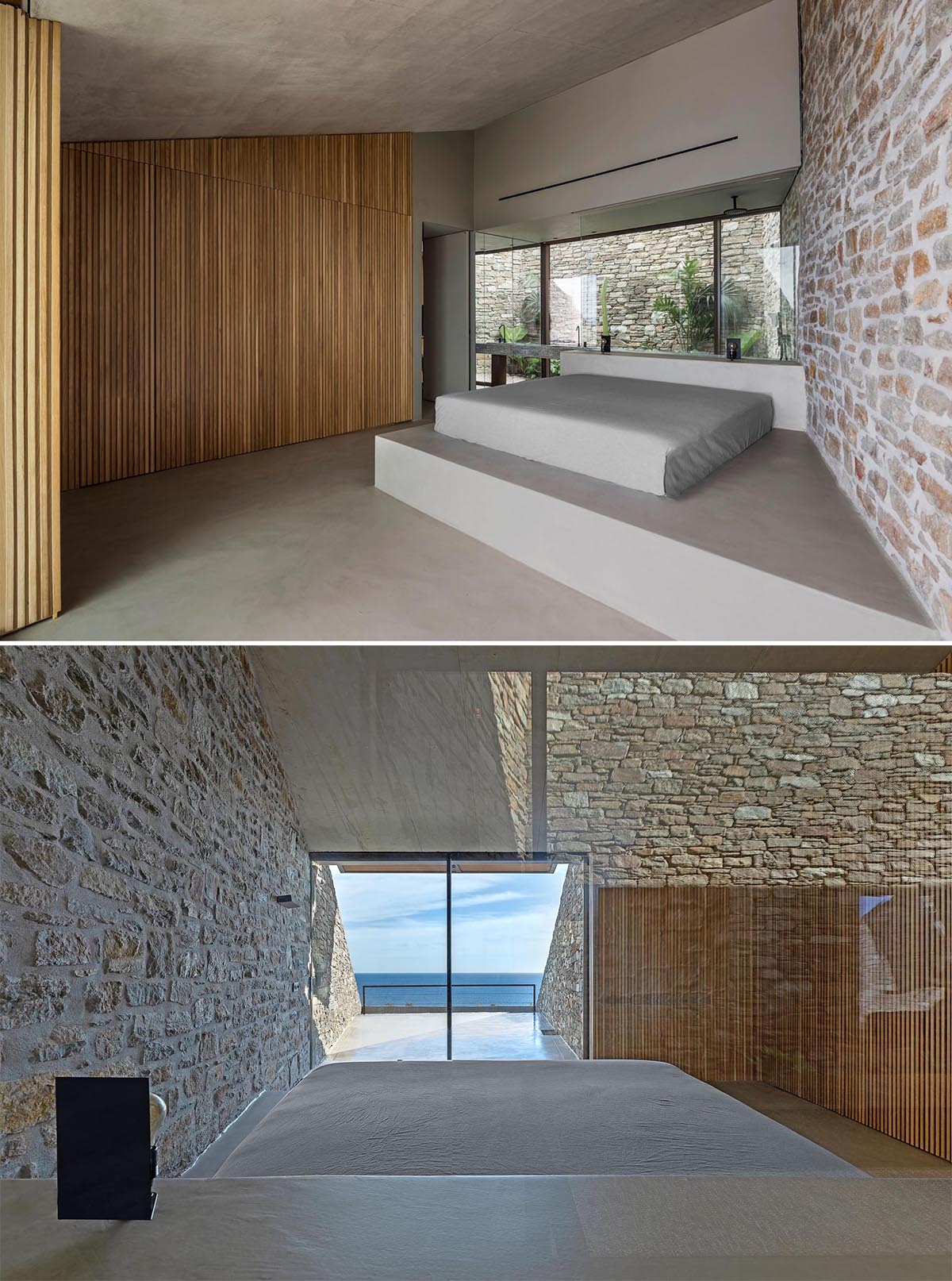 A minimalist bedroom with a bed raised on a platform to take advantage of water views.